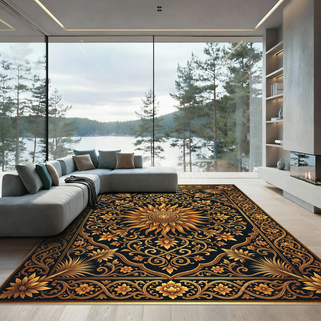 Ornate Golden Sun Floral Medallion Rug