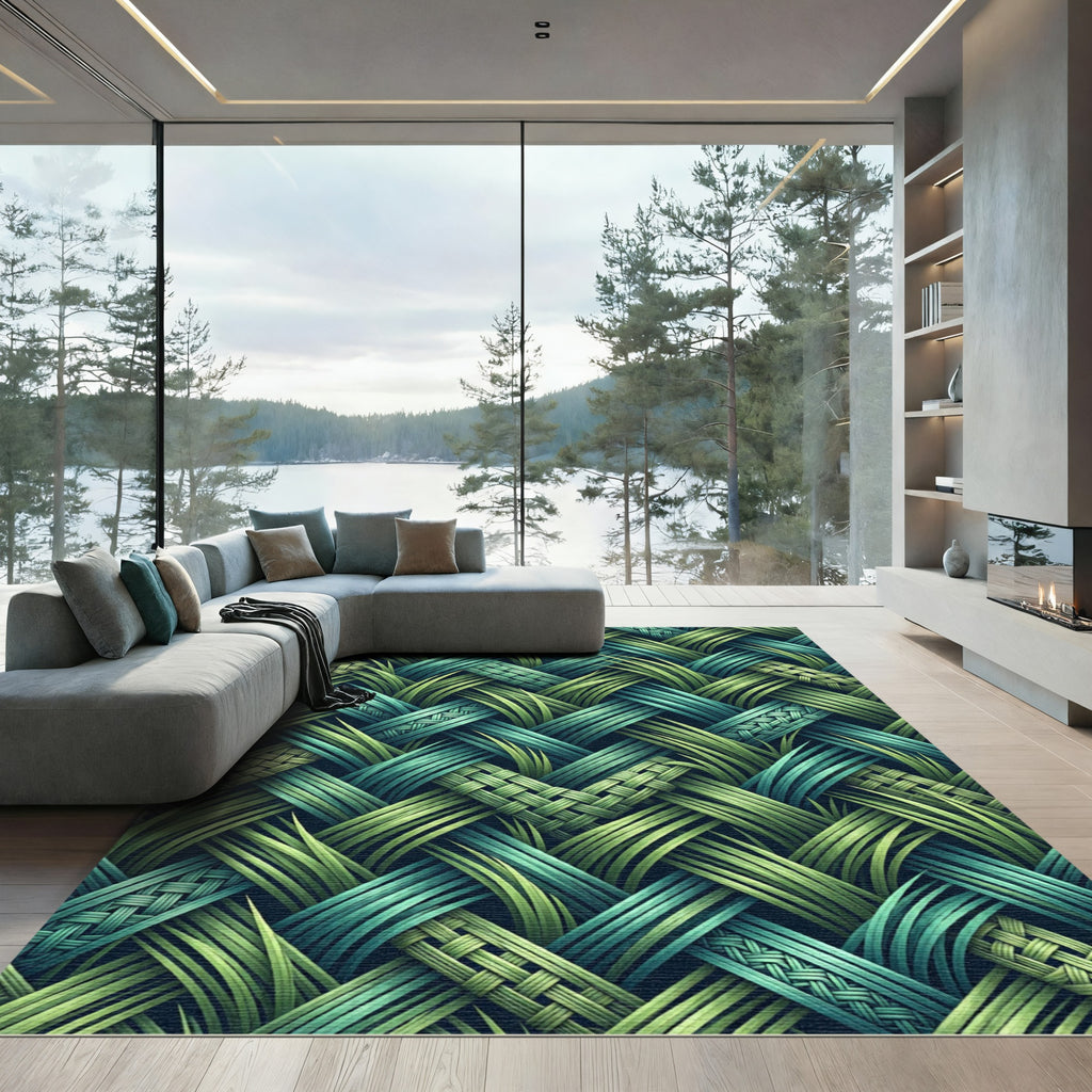Woven Grass Emerald Teal Overlapping Bands Rug
