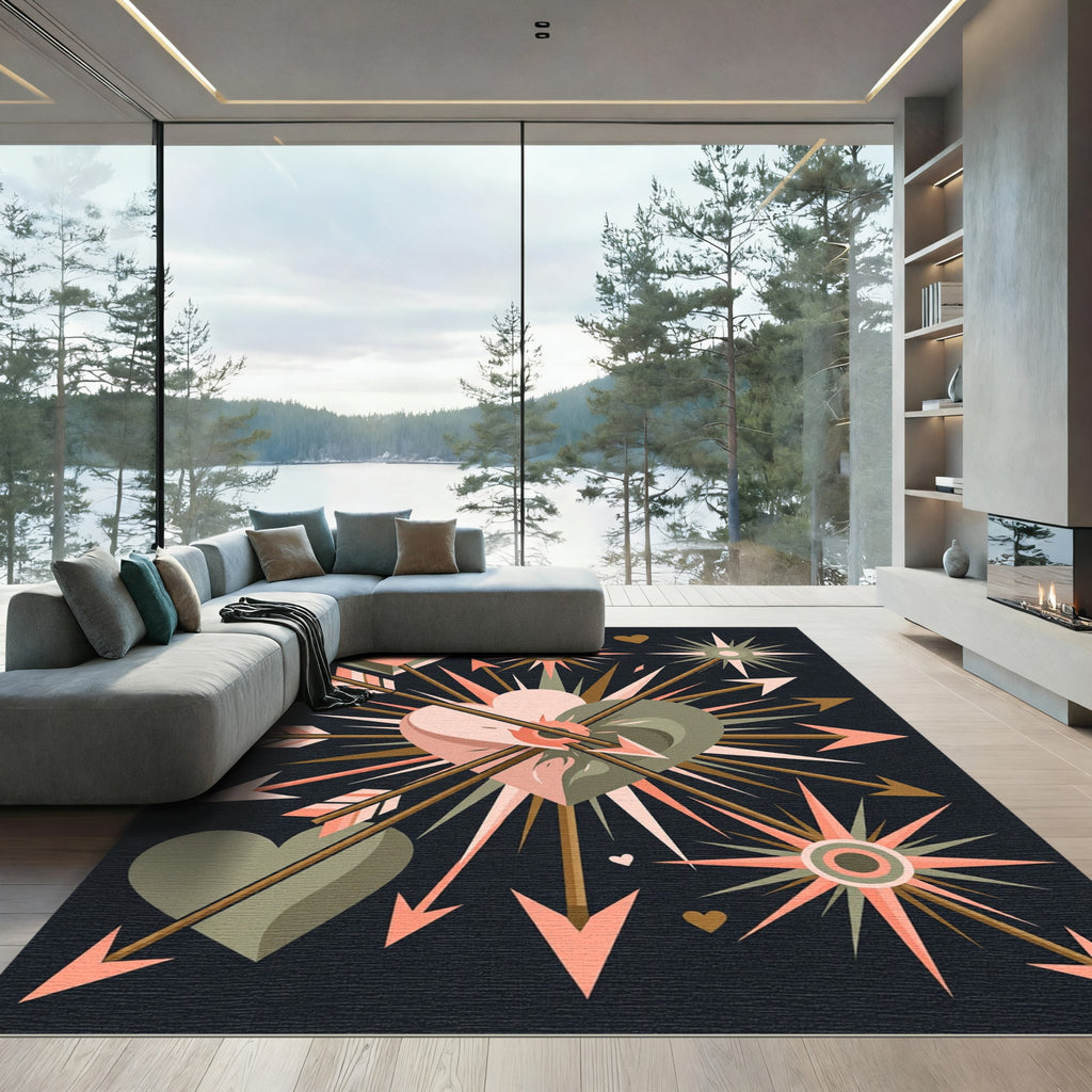 Coral And Olive Heart Arrow Burst Rug