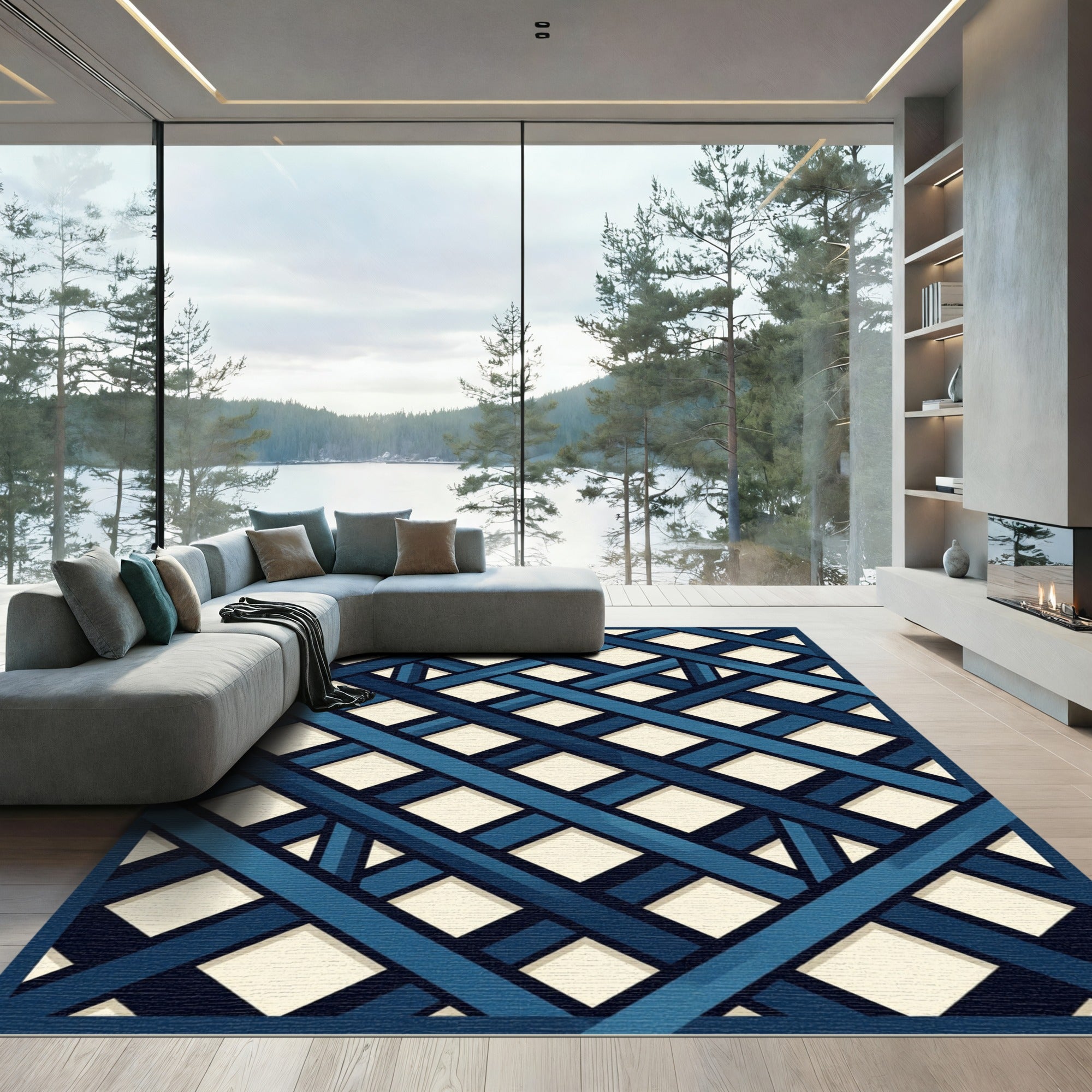Deep Blue Lattice Overlapping Diamonds Rug