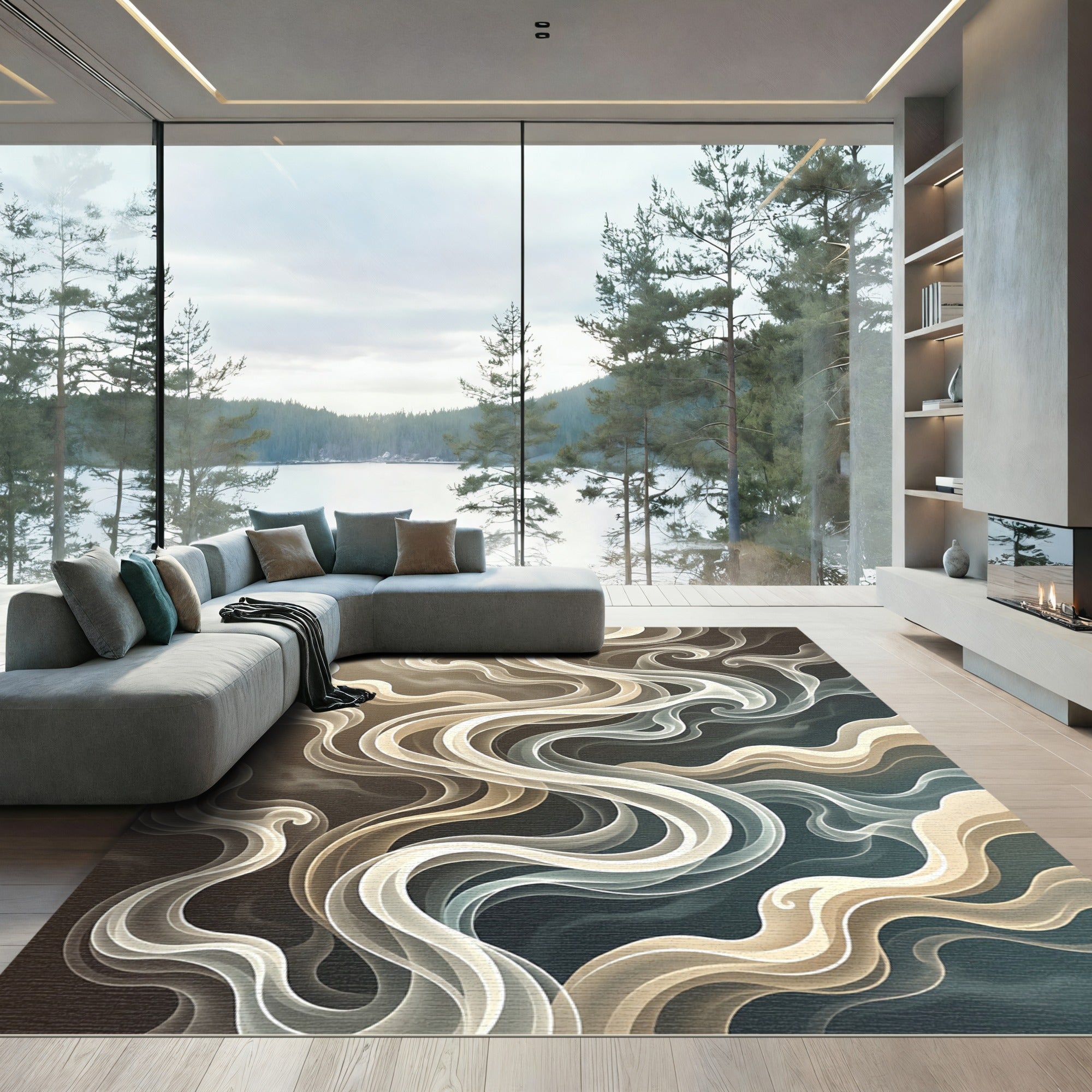 Elegant Cream Smoke Swirl Wave Rug
