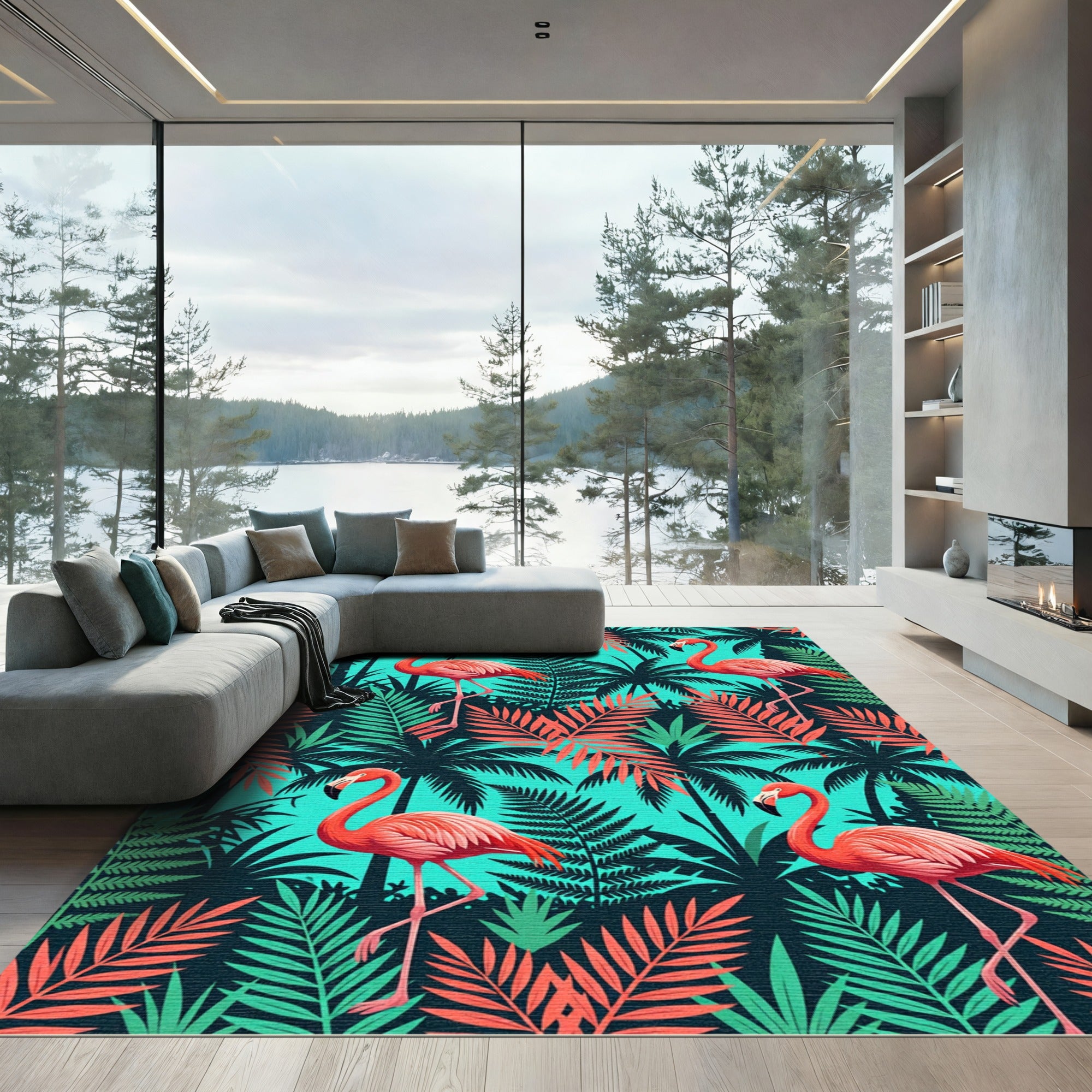 Vibrant Flamingo Tropical Teal Foliage Rug