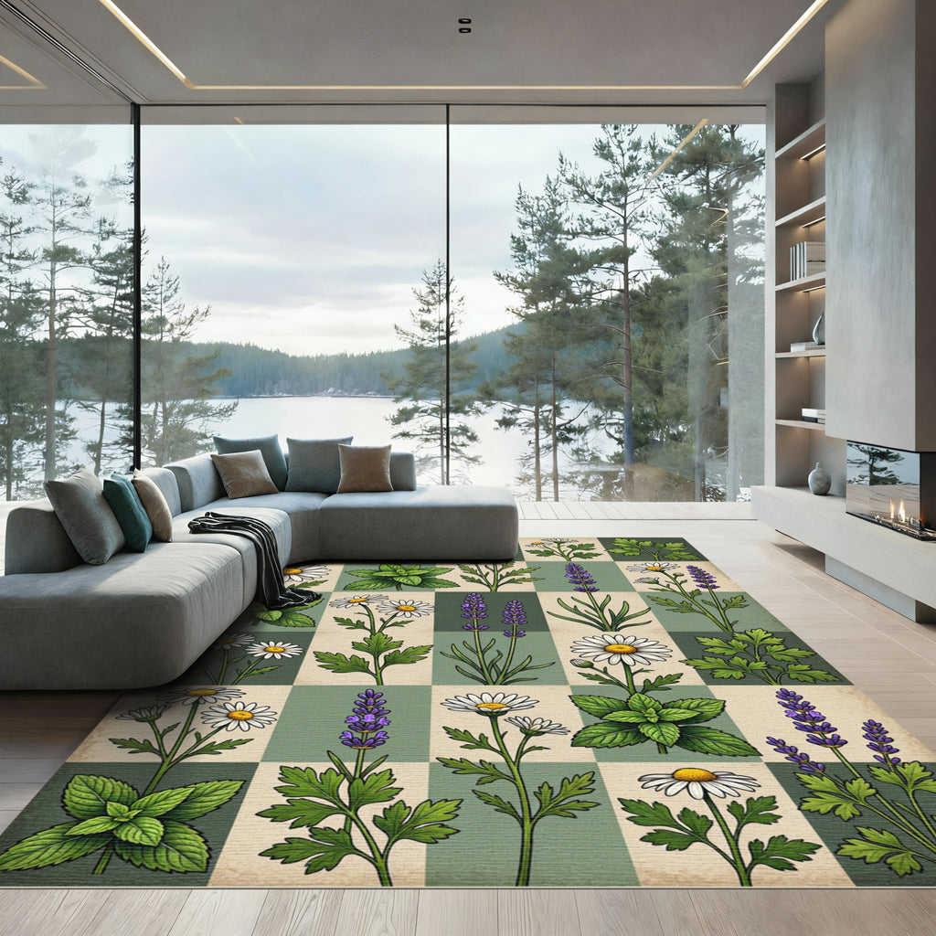 Botanical Garden Floral Herb Checkerboard Rug