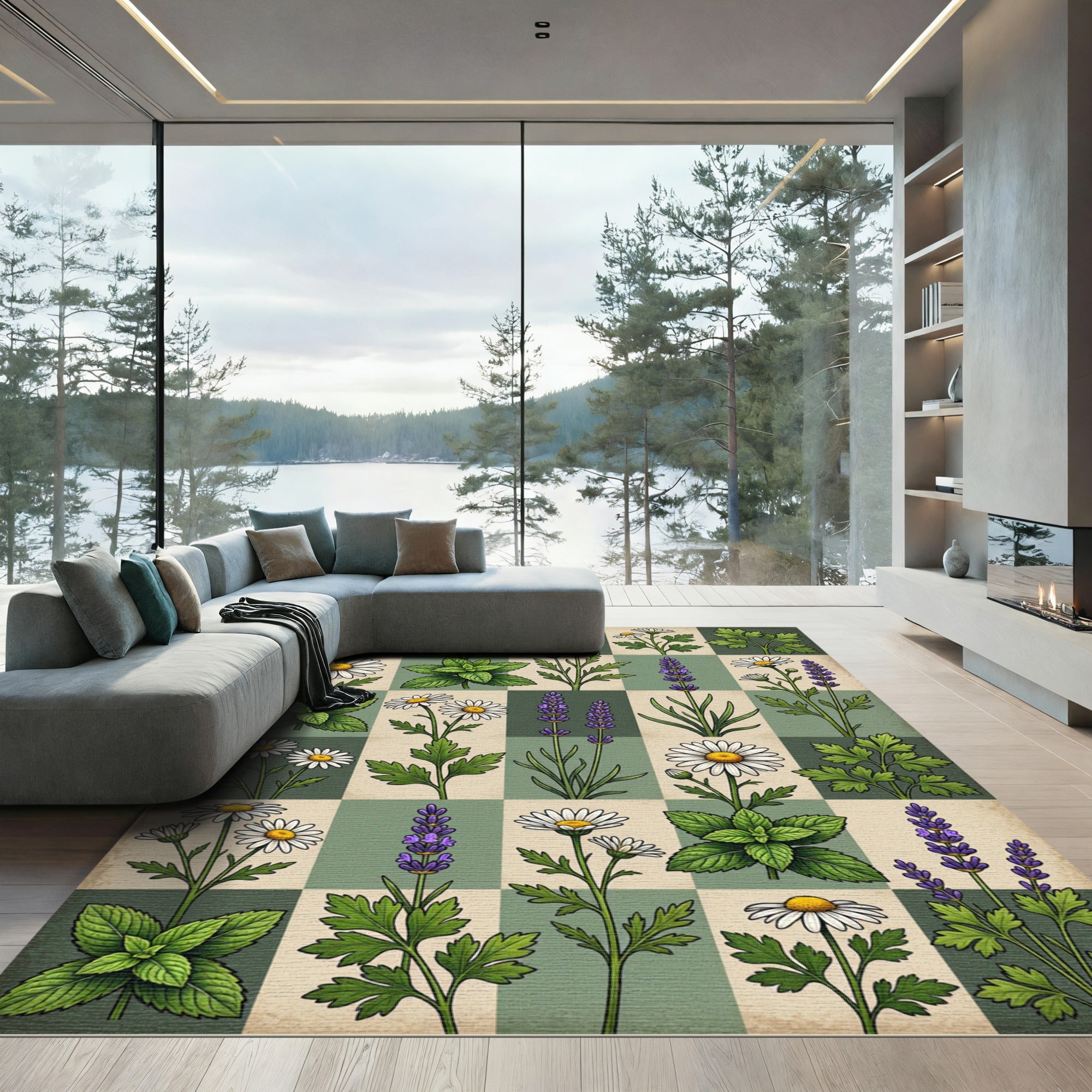 Botanical Garden Floral Herb Checkerboard Rug