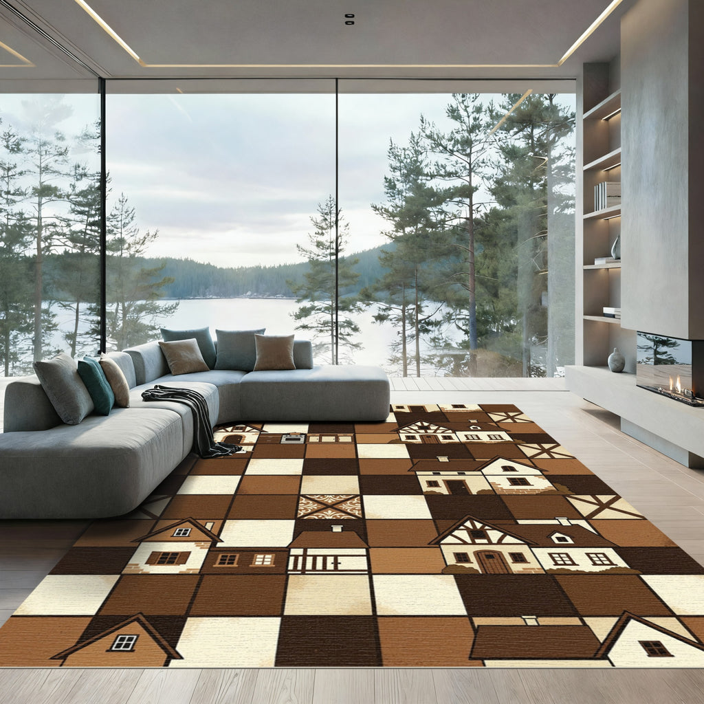 Tudor Village Chessboard Homes Cozy Brown Rug