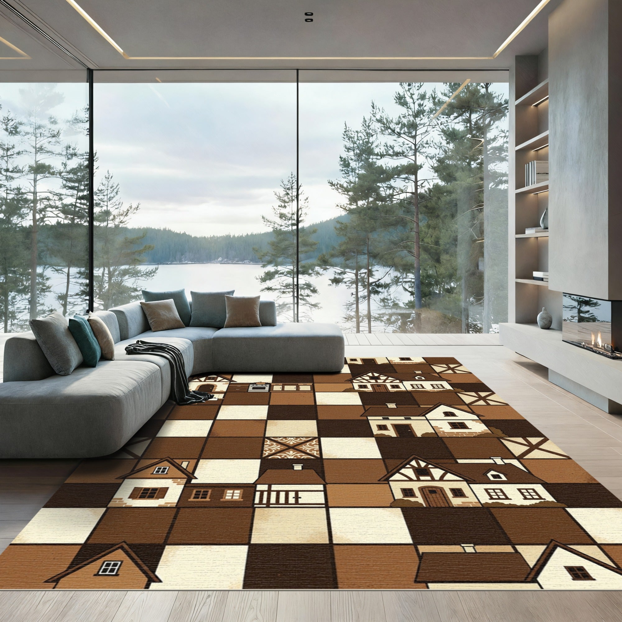 Tudor Village Chessboard Homes Cozy Brown Rug