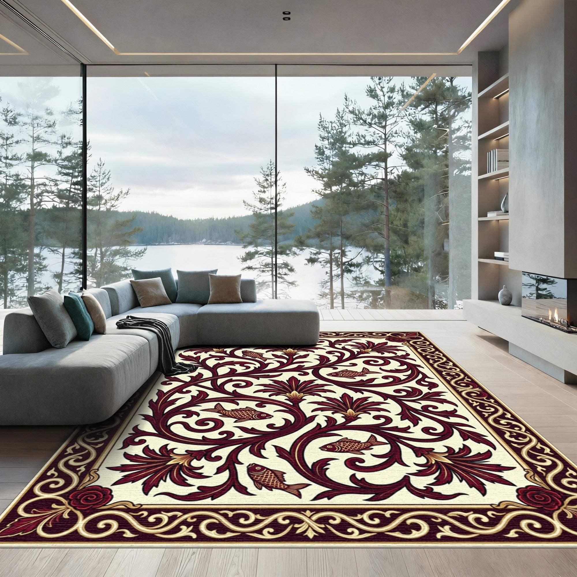 Crimson Floral Fish Vine Border Rug