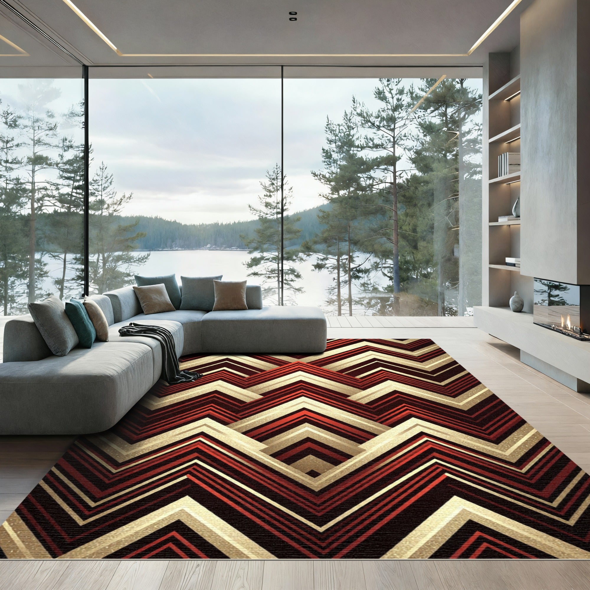 Bold Art Deco Red Geometric Stripe Rug