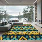 Vibrant Teal Gold Diamond Feather Rug