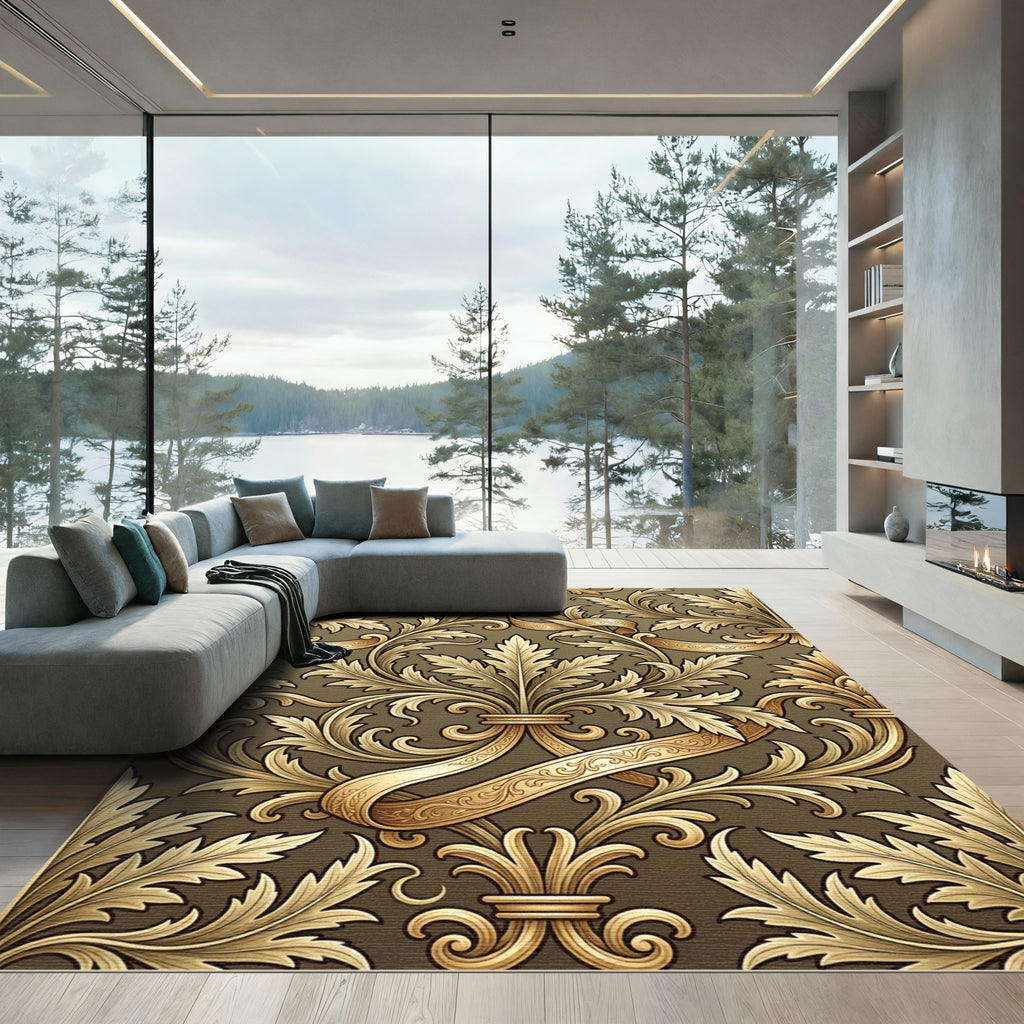 Ornate Gold Acanthus Leaf Scroll Rug