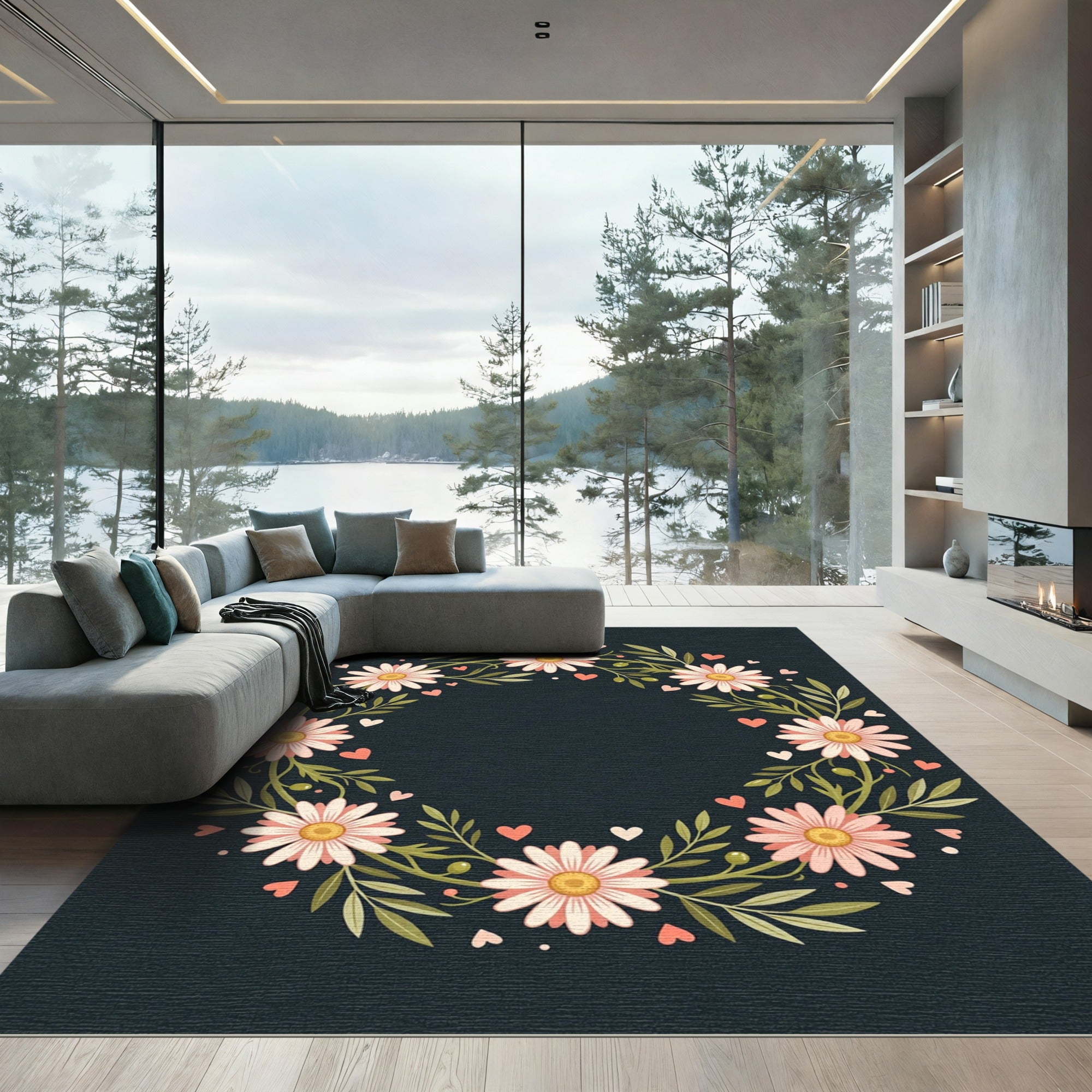 Pink Daisy Wreath with Hearts Rug