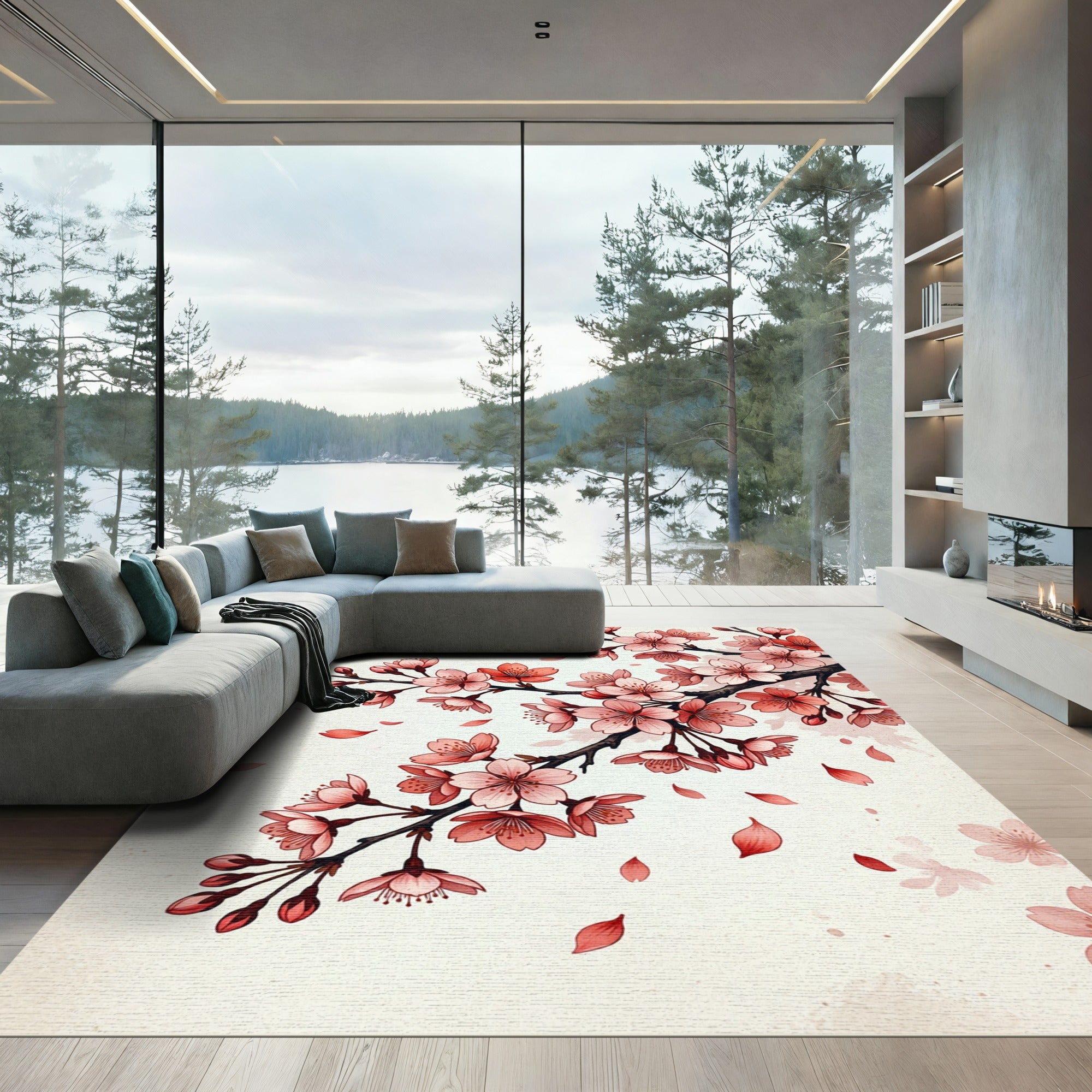 Delicate Pink Cherry Blossom Branch Rug
