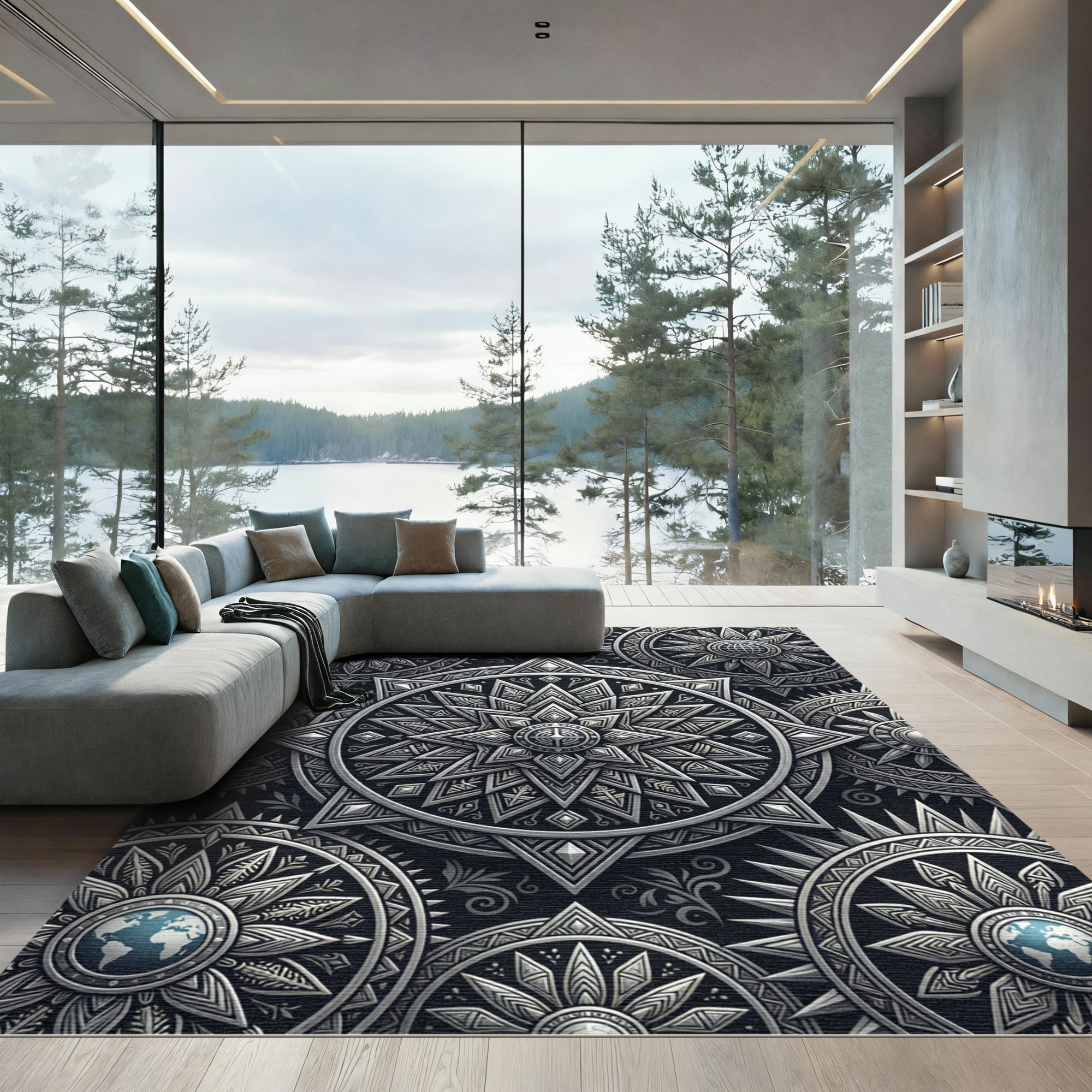 Metallic Silver Celestial Mandala Medallion Rug