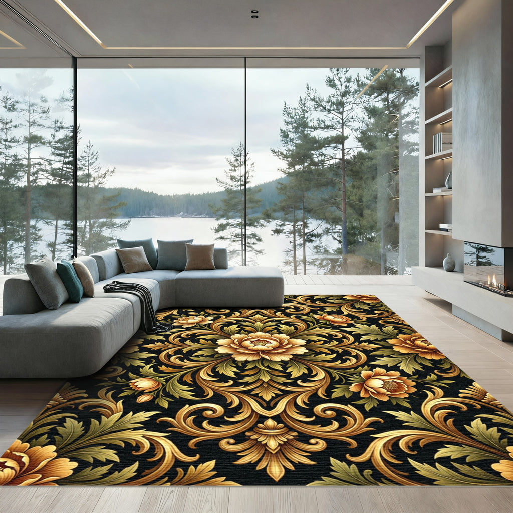 Ornate Golden Floral Baroque Scrollwork Rug