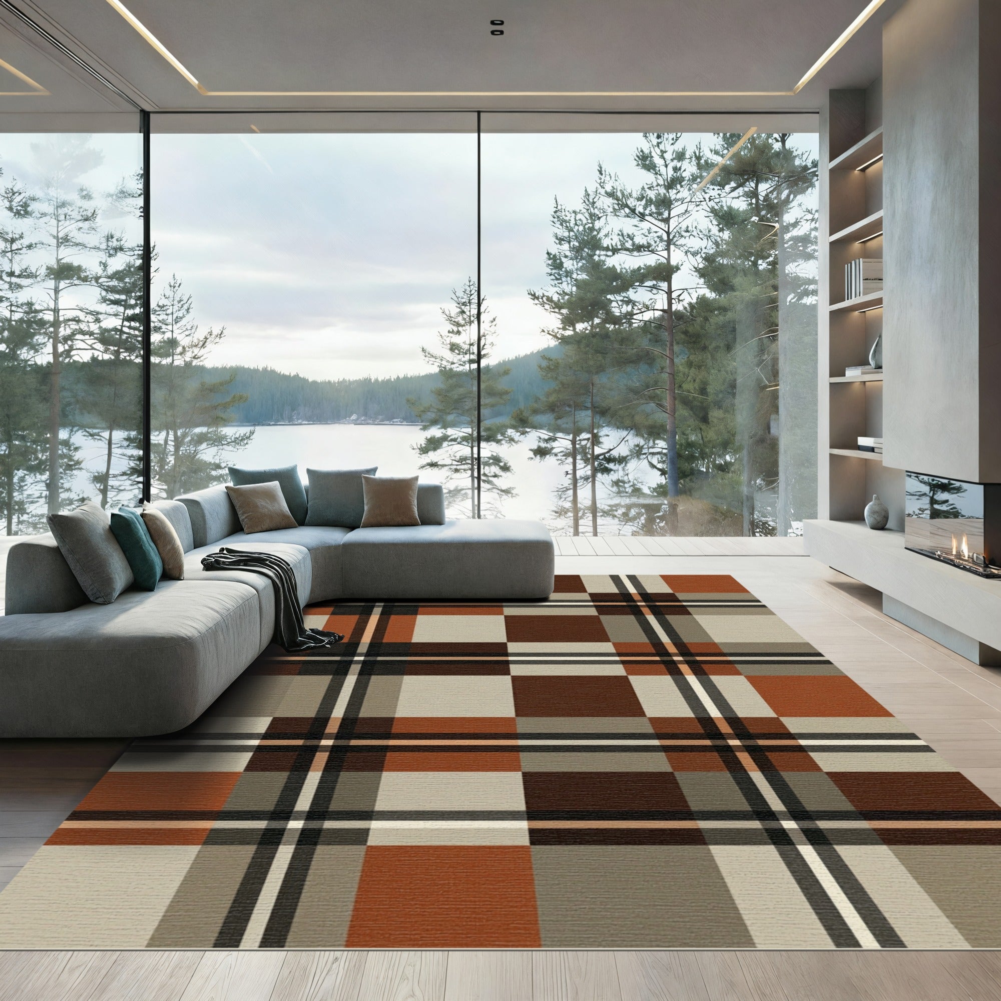 Modern Earthy Tonal Plaid Check Rug
