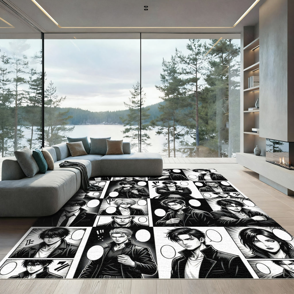 Monochromatic Manga Panel Action Grid Rug