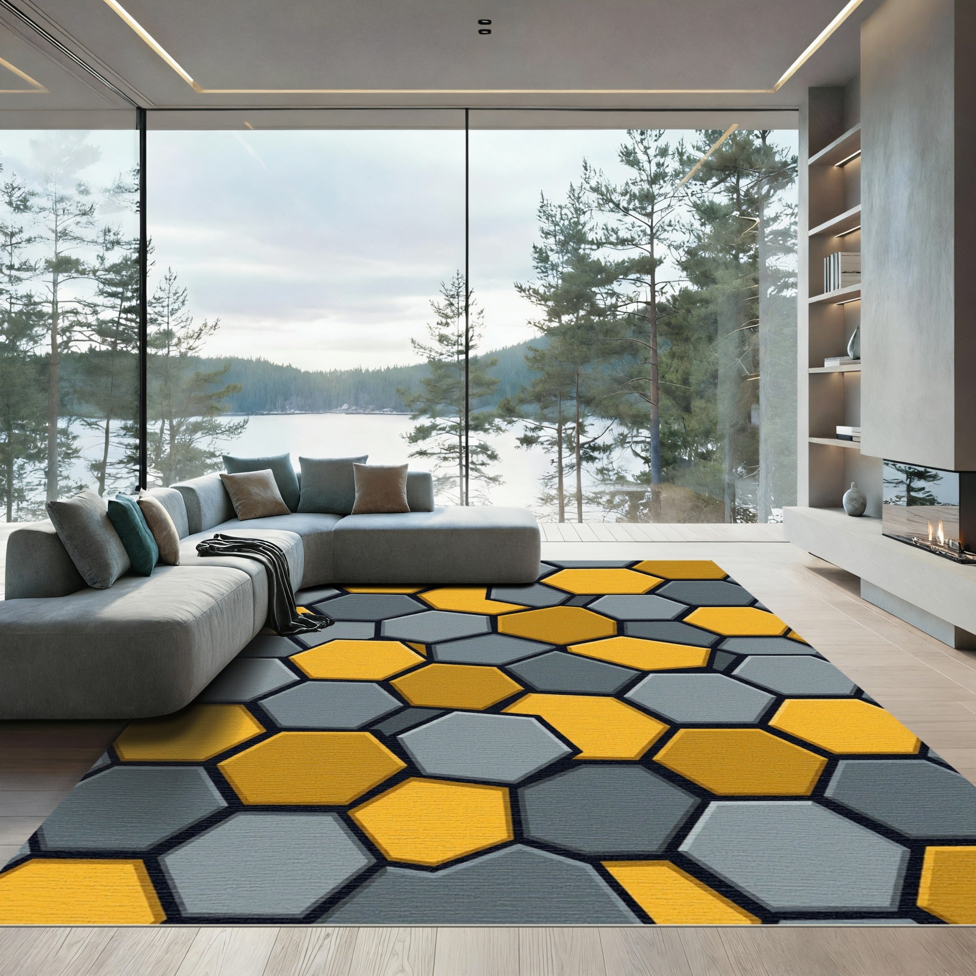 Golden Yellow Gray Hexagon Mosaic Rug
