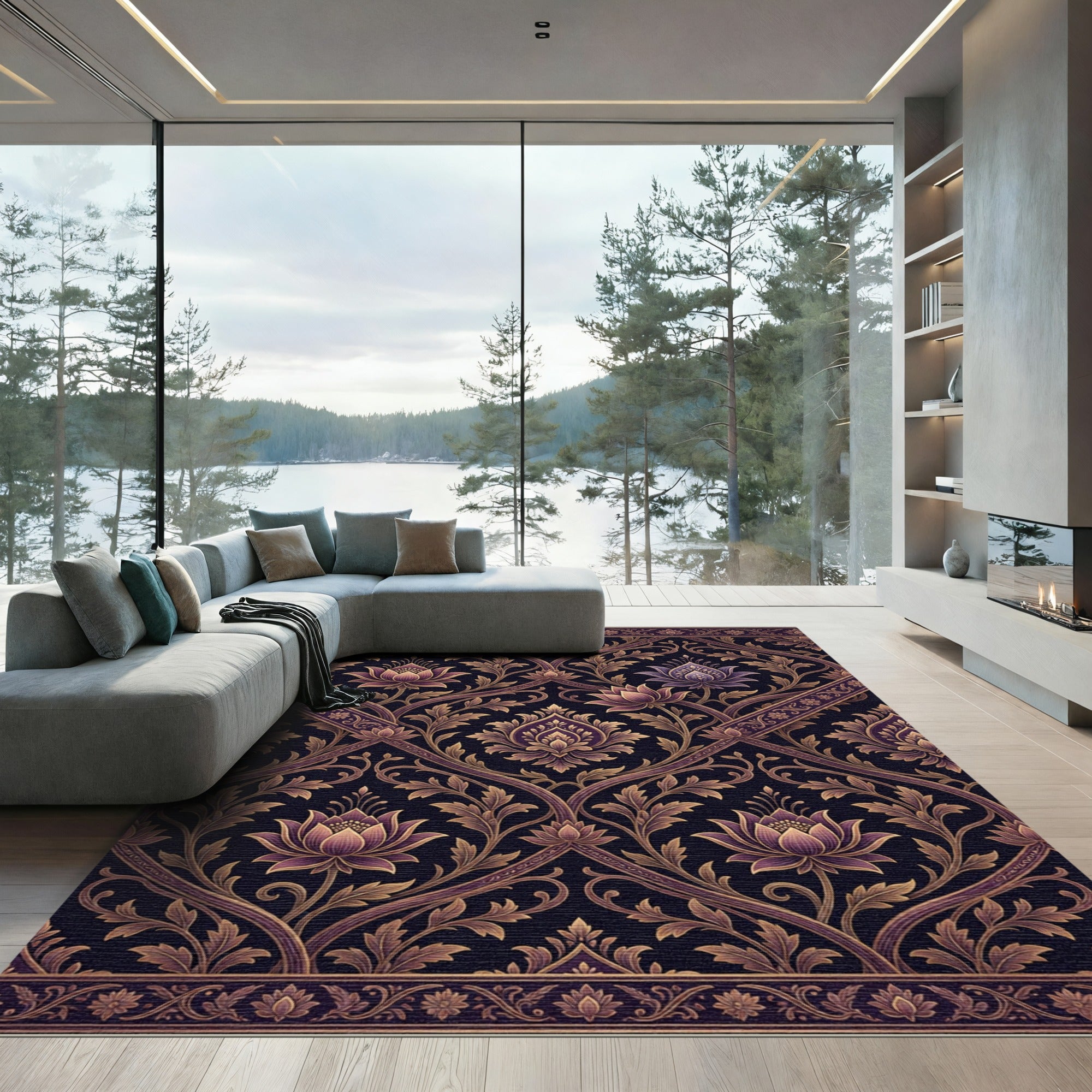Elegant Violet Floral Damask Scroll Rug