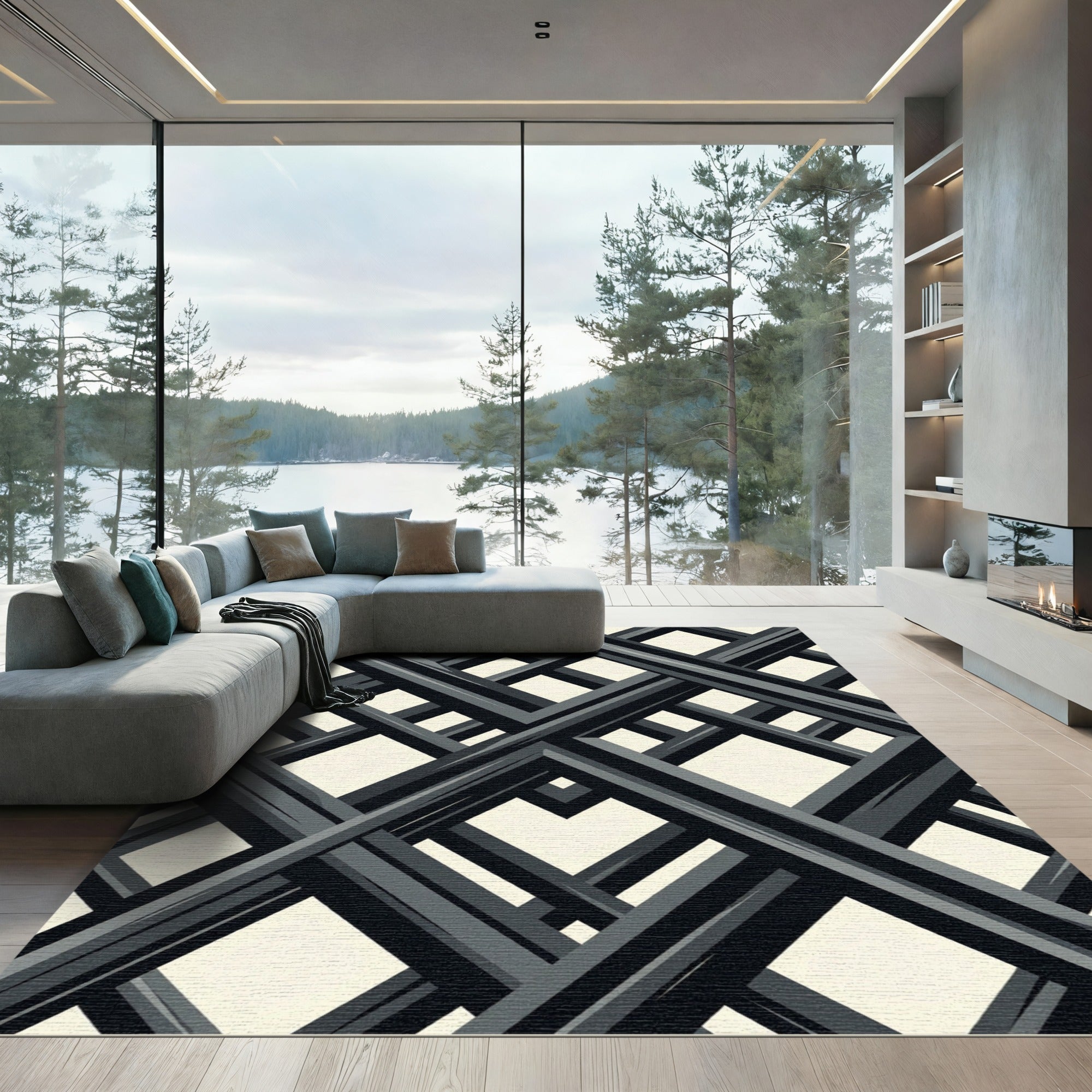 Monochrome Interlocking Geometric Grid Rug