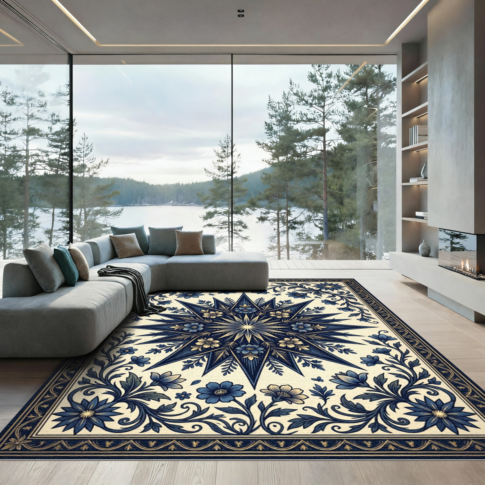 Midnight Navy Floral Celestial Star Rug