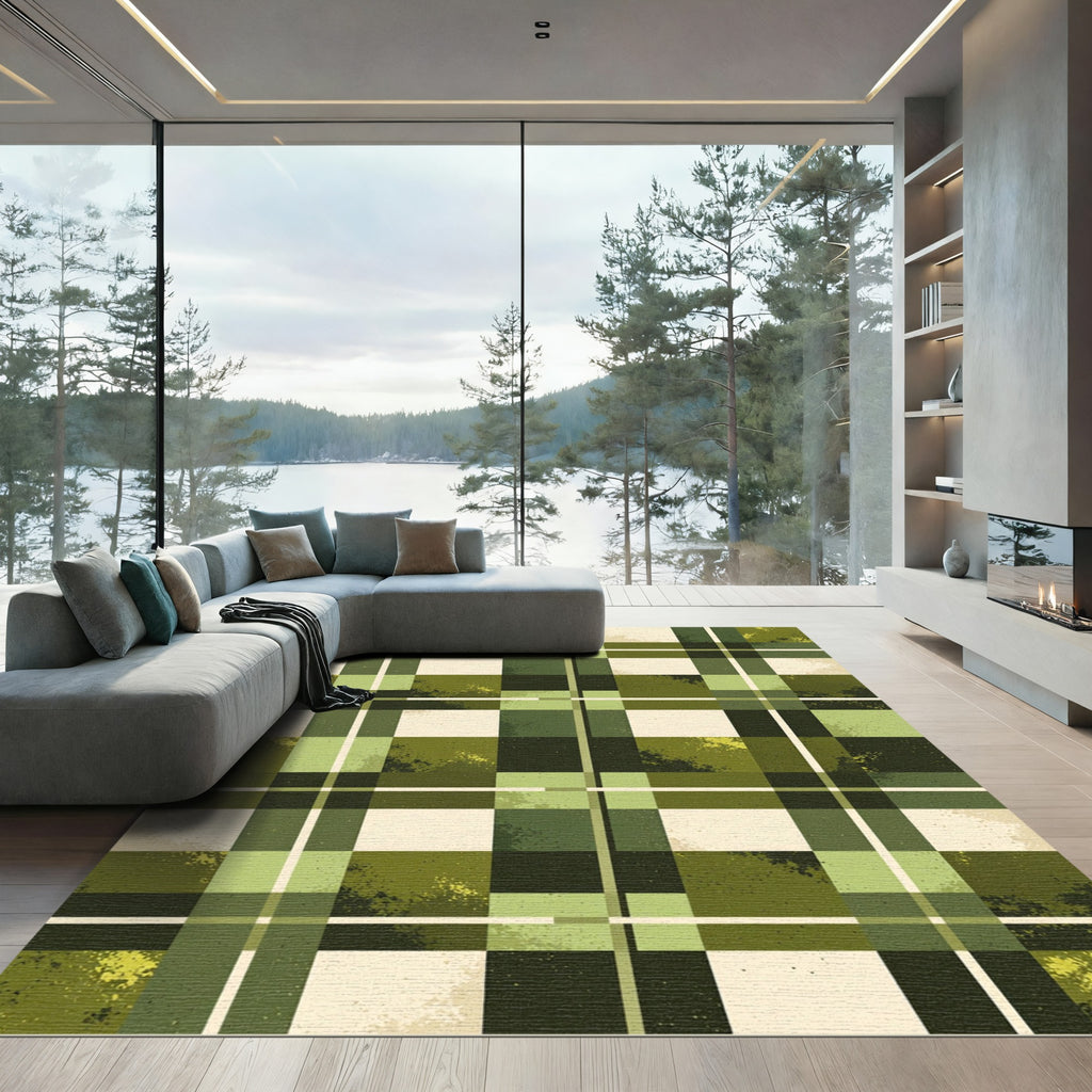 Green Plaid Speckled Block Rug