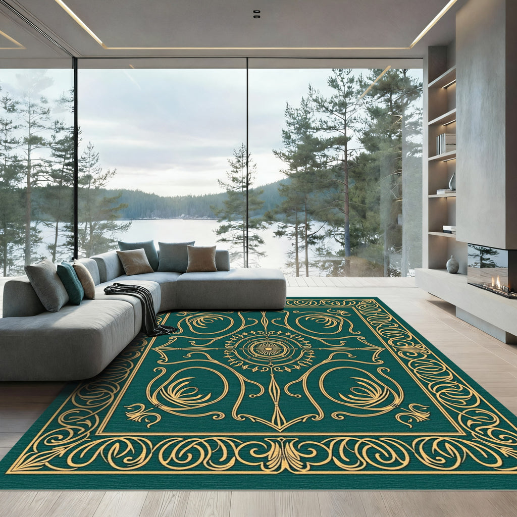 Elegant Teal Golden Scrollwork Medallion Rug