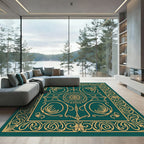 Elegant Teal Golden Scrollwork Medallion Rug