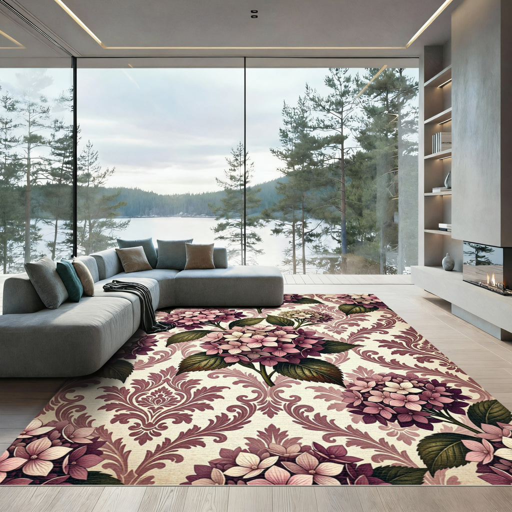 Vintage Mauve Hydrangea Damask Floral Rug
