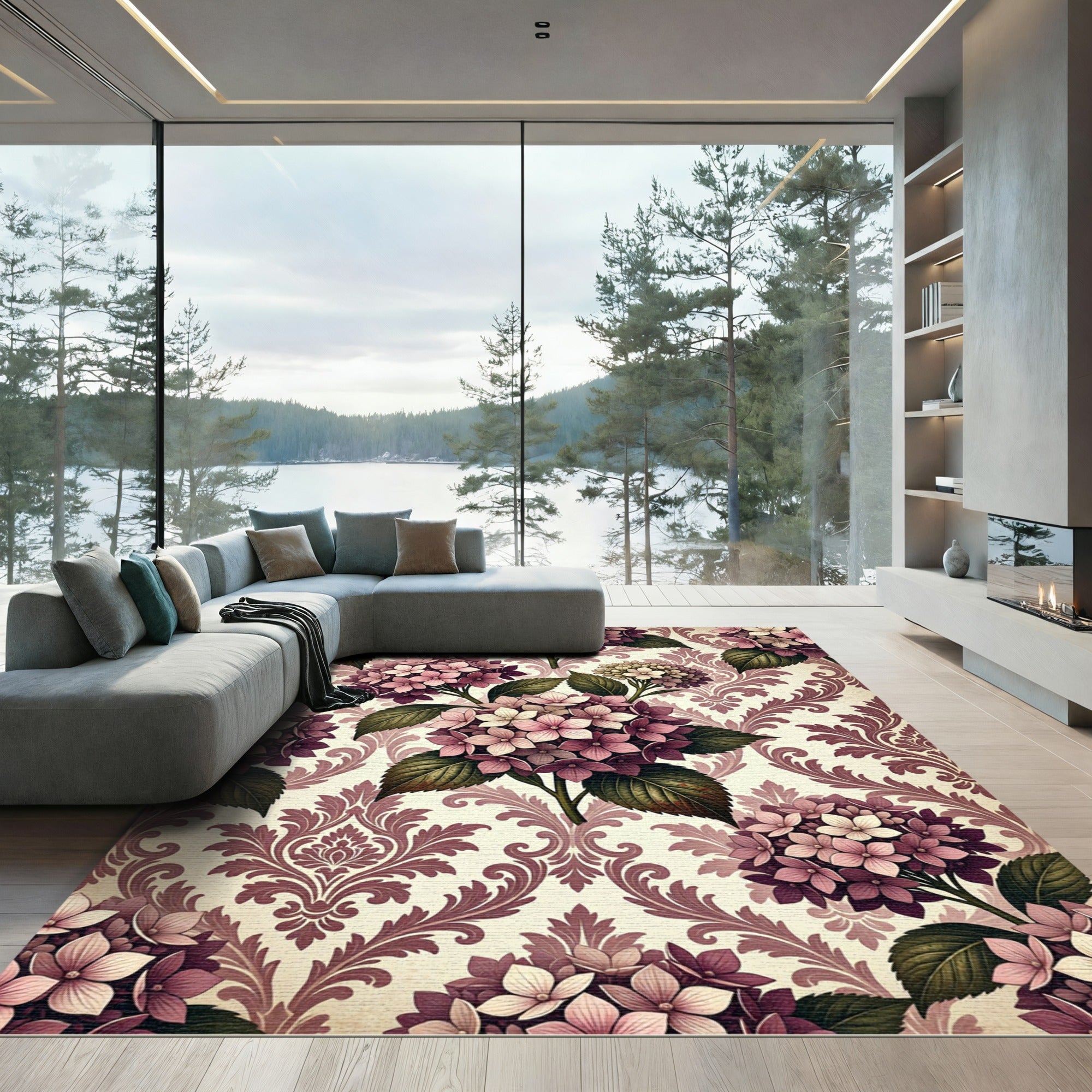 Vintage Mauve Hydrangea Damask Floral Rug