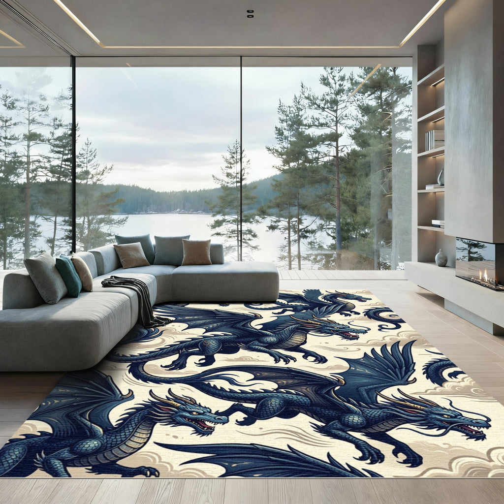 Cerulean Floating Dragon Mythical Creature Rug