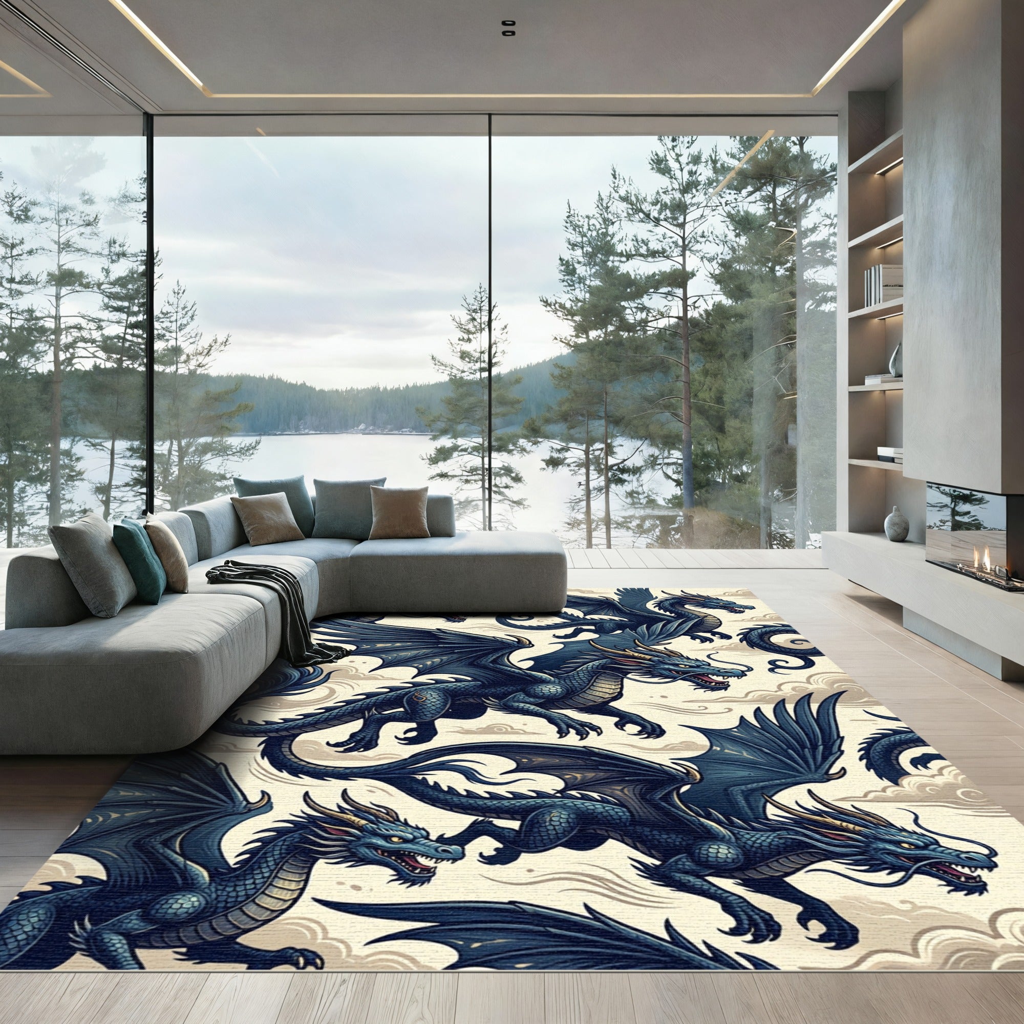 Cerulean Floating Dragon Mythical Creature Rug
