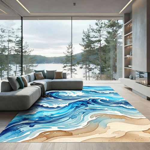 Abstract Ocean Wave Blue Tonal Rug