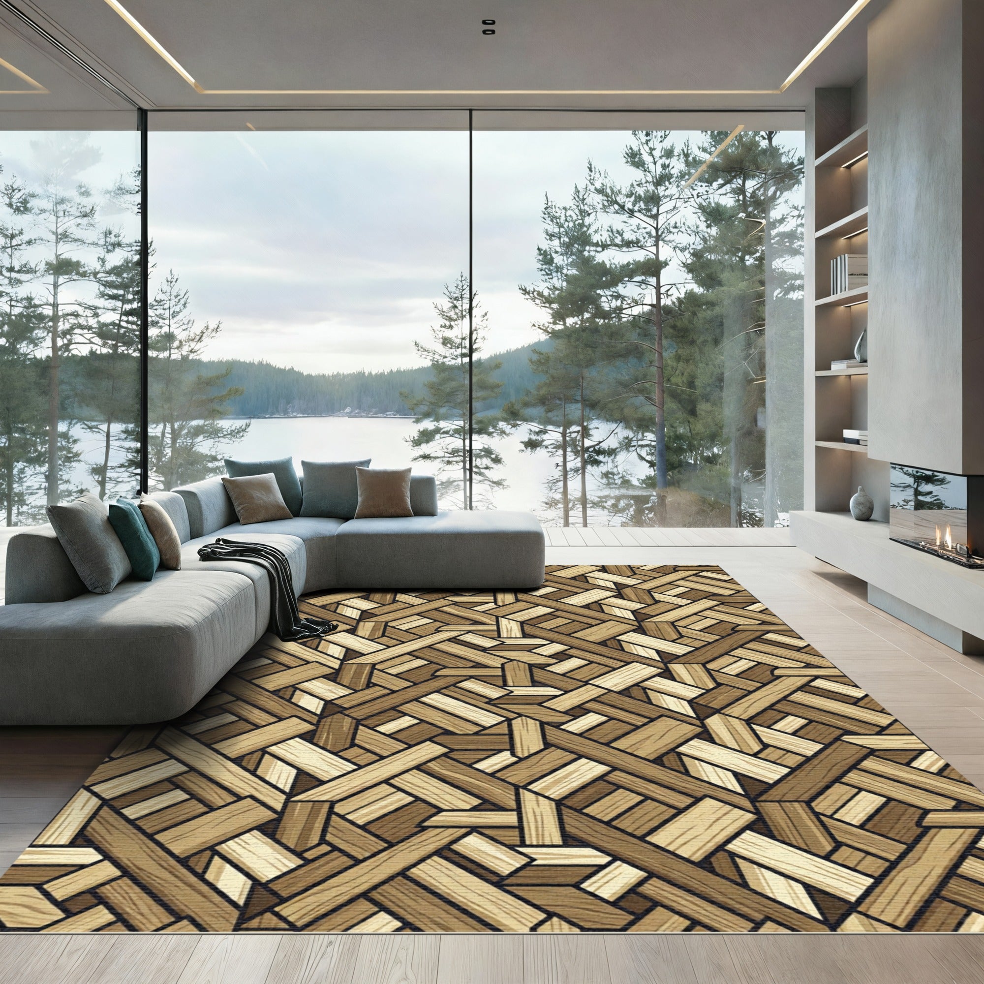 Woven Natural Wood Grain Geometric Interlace Rug