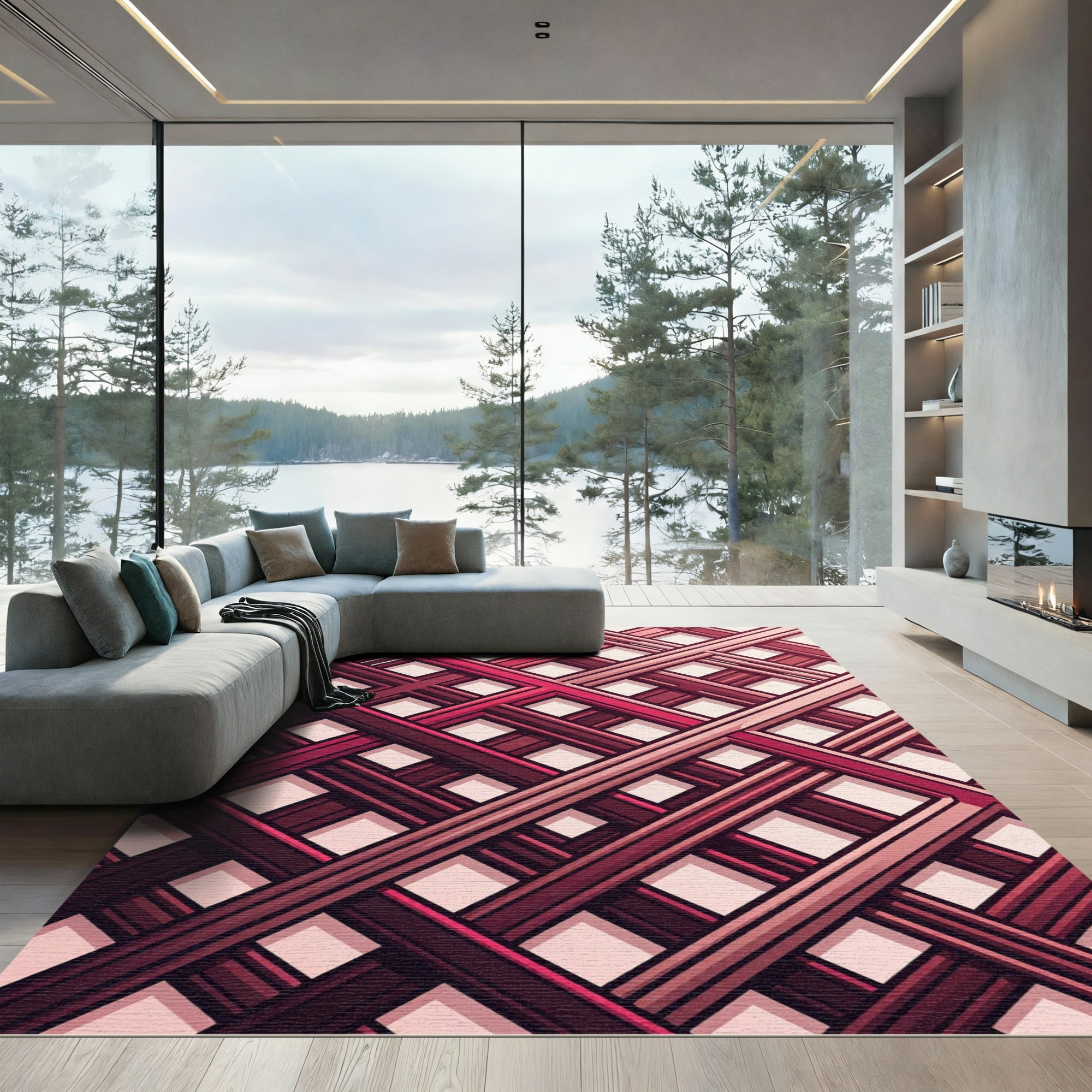 Crimson Lattice Intersecting Stripes Rug