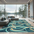 Teal and Cream Japanese Ocean Wave Rug