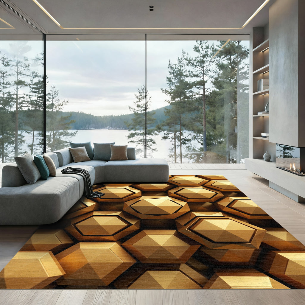 Luxurious Metallic Gold Geometric Hexagon Rug