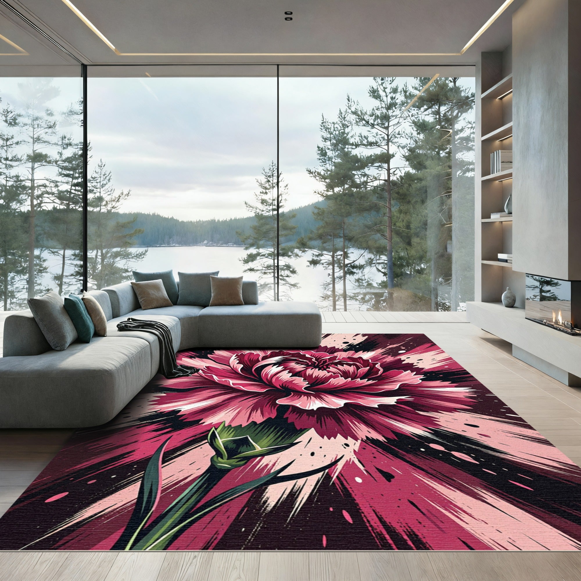 Dramatic Magenta Carnation Floral Art Rug