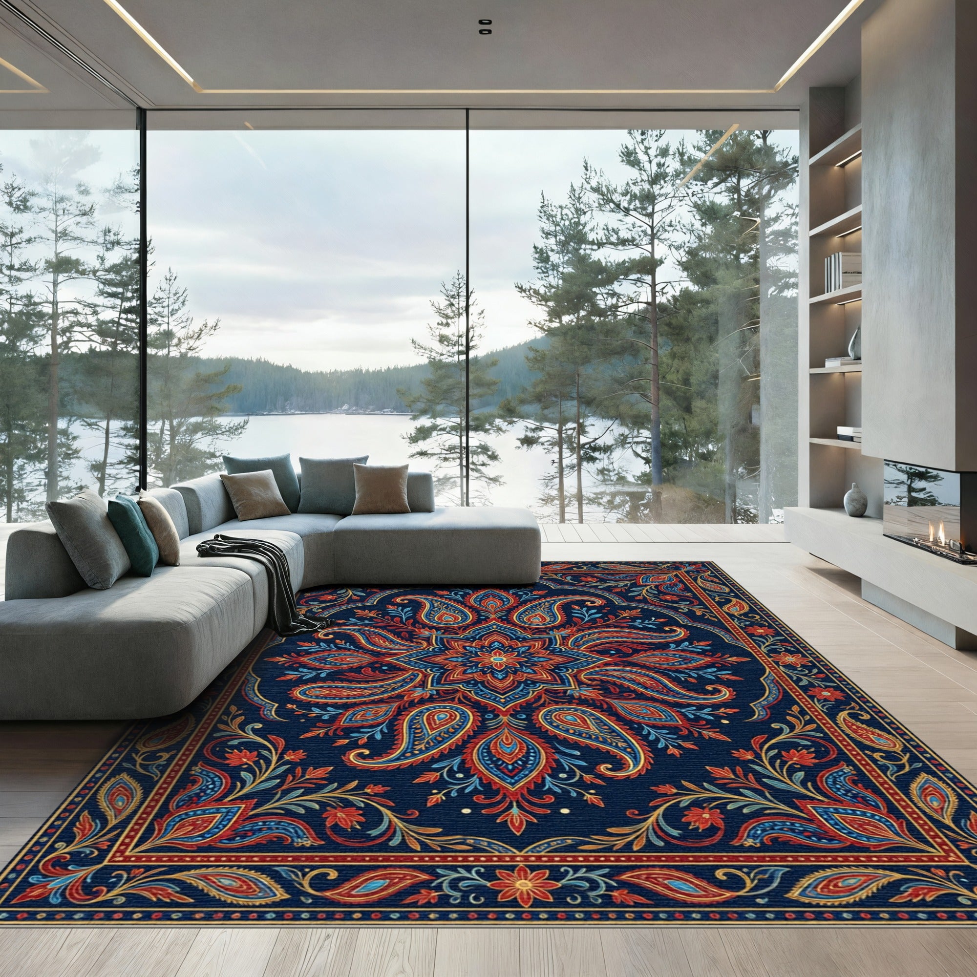 Rich Crimson Blue Paisley Medallion Rug