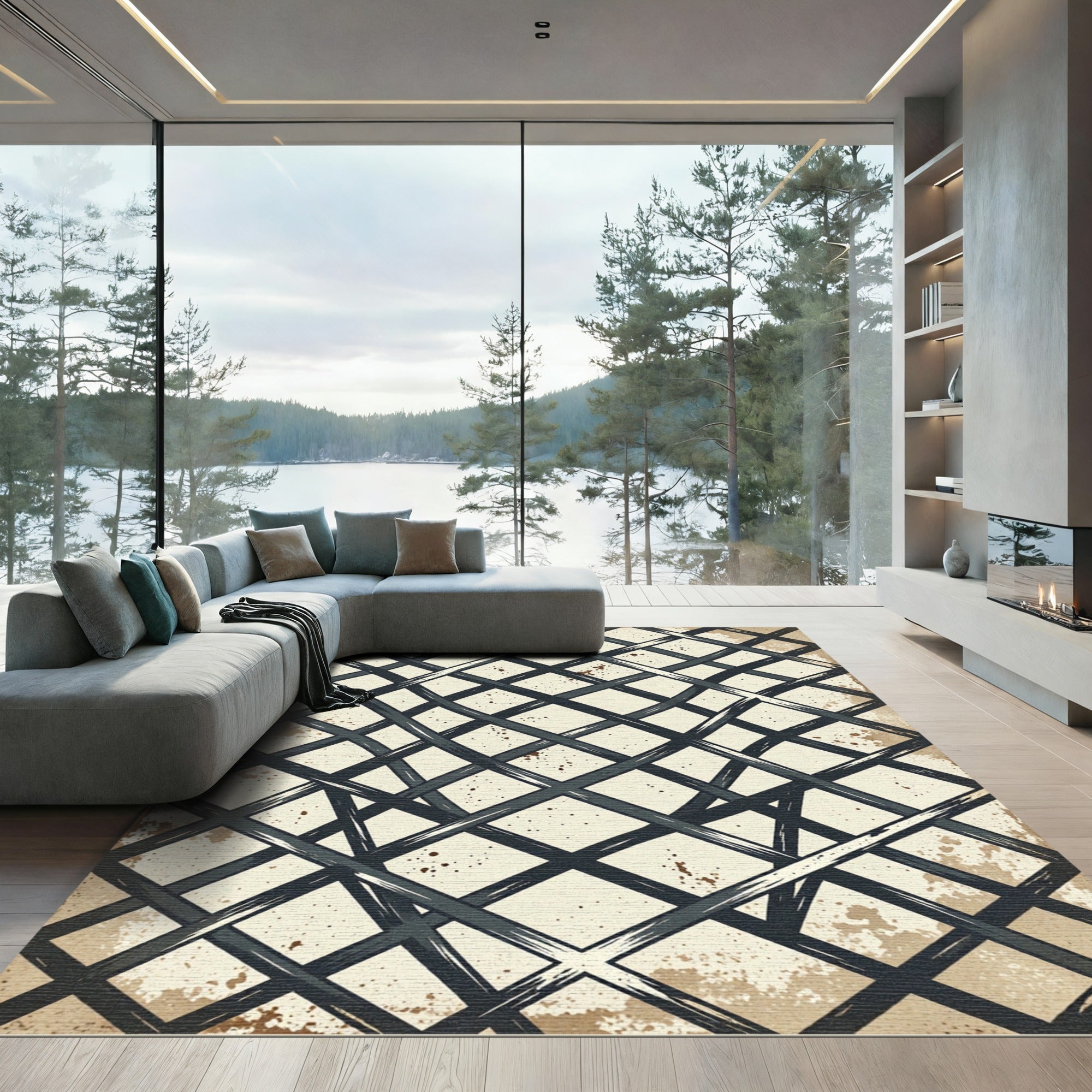 Distressed Charcoal Intersecting Grid Overlay Rug