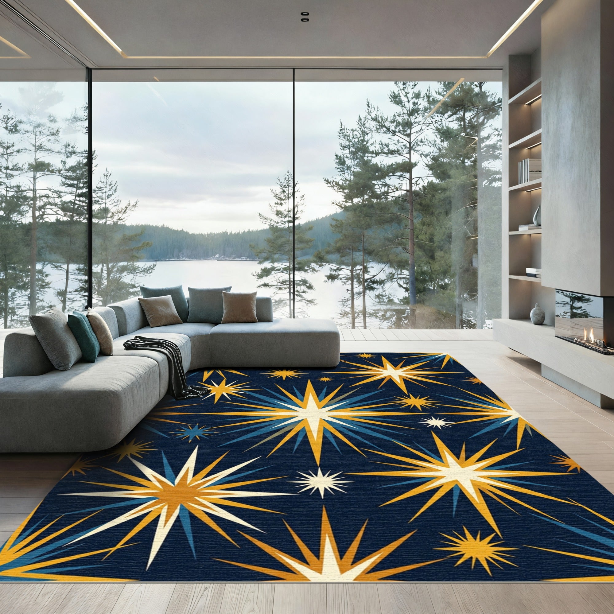 Mid Century Golden Cosmic Starry Night Rug