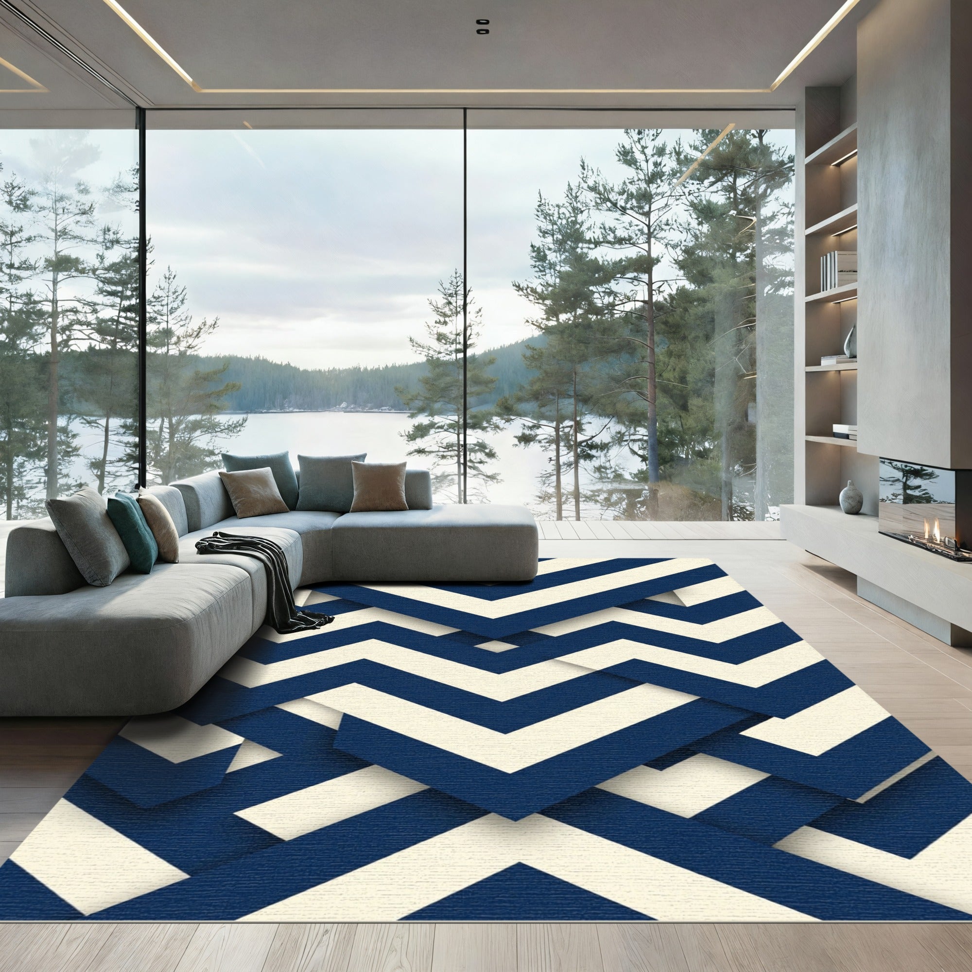 Modern Navy White Geometric Chevron Rug