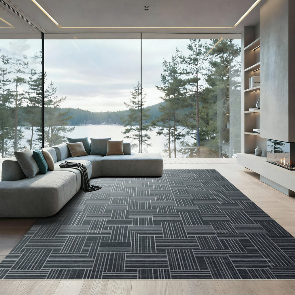 Minimalist Charcoal Grey Linear Grid Rug