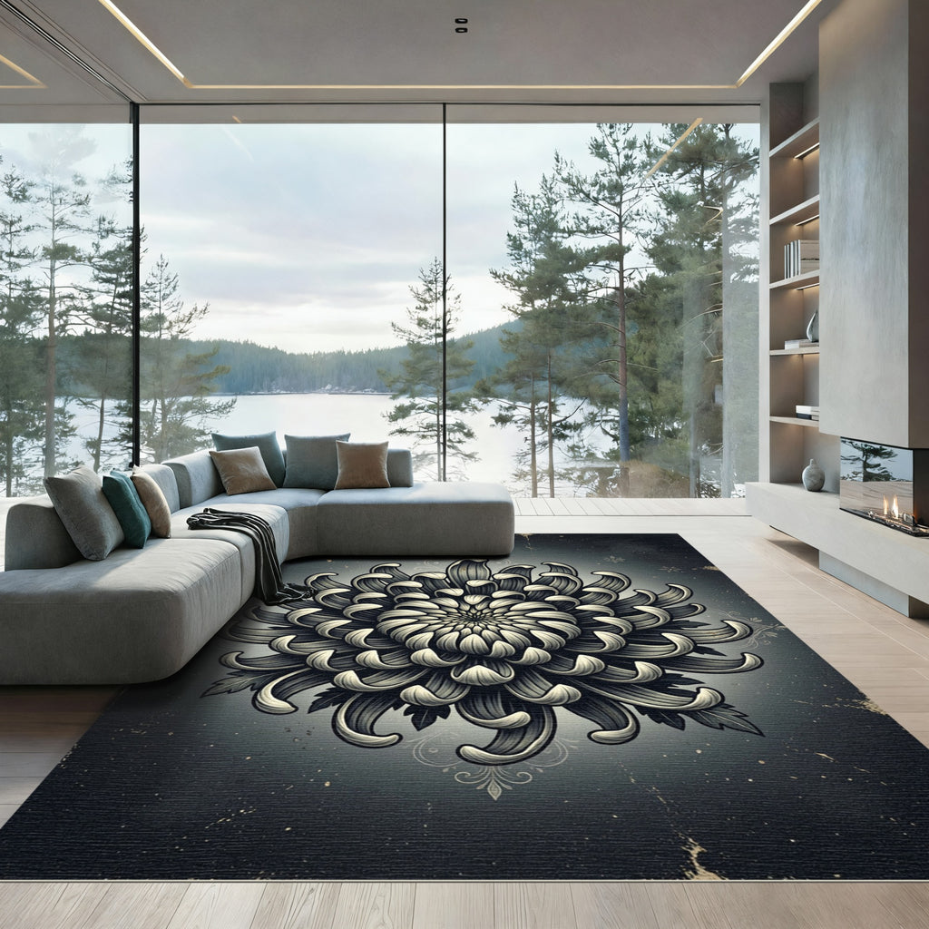 Monochromatic Dark Floral Chrysanthemum Illustration Rug