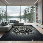 Monochromatic Dark Floral Chrysanthemum Illustration Rug