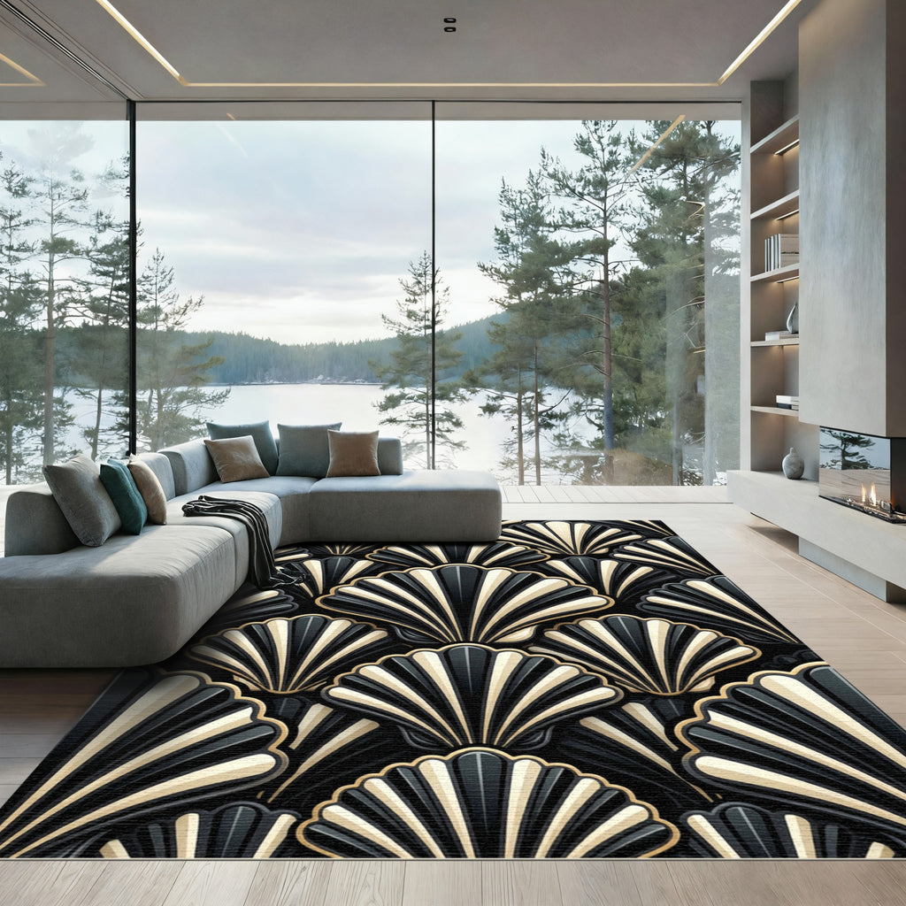 Elegant Black Ivory Fan Accordion Rug