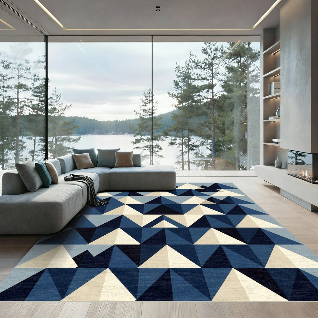 Midcentury Navy and Cream Geometric Triangle Rug