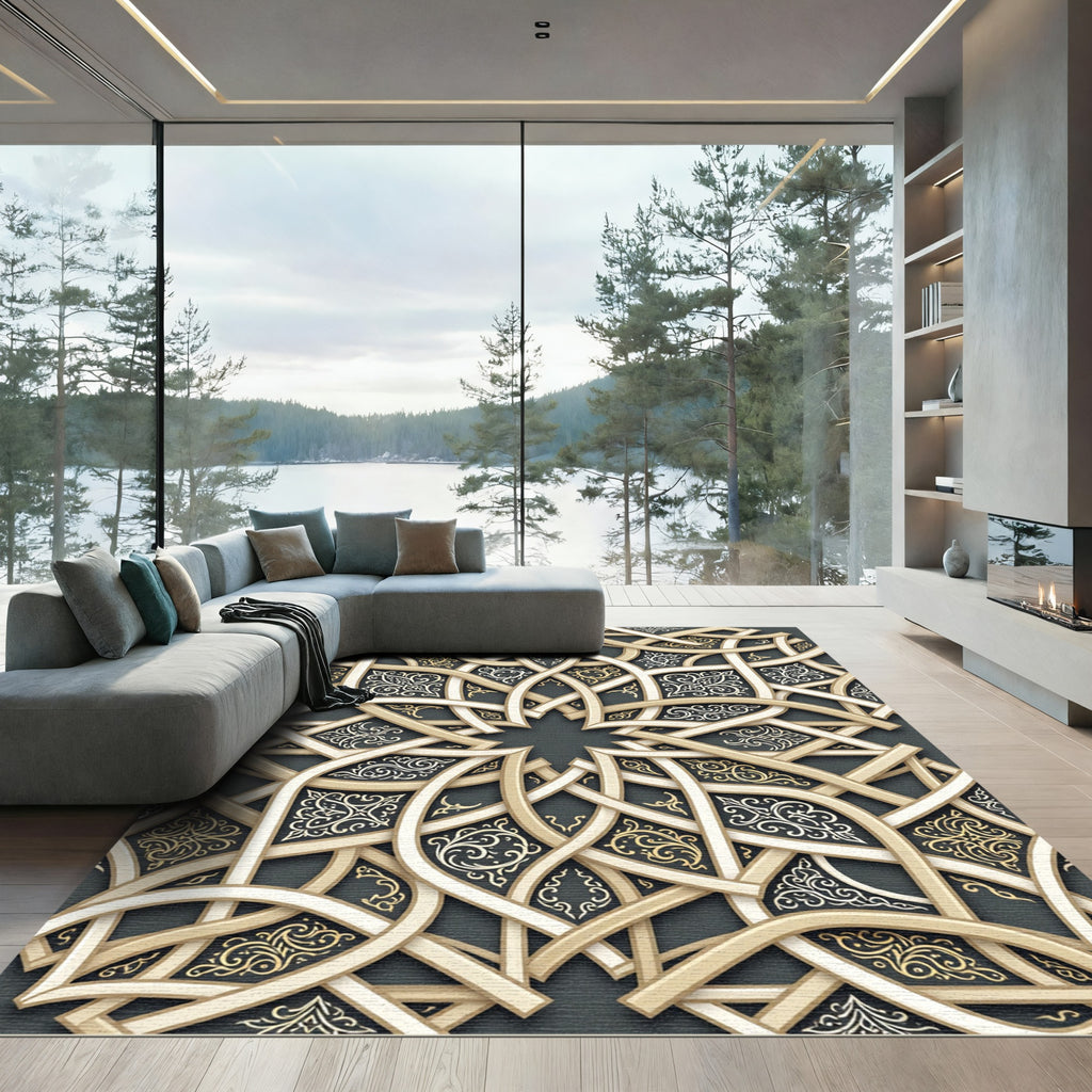 Gold Cream Interlaced Geometric Arabesque Rug