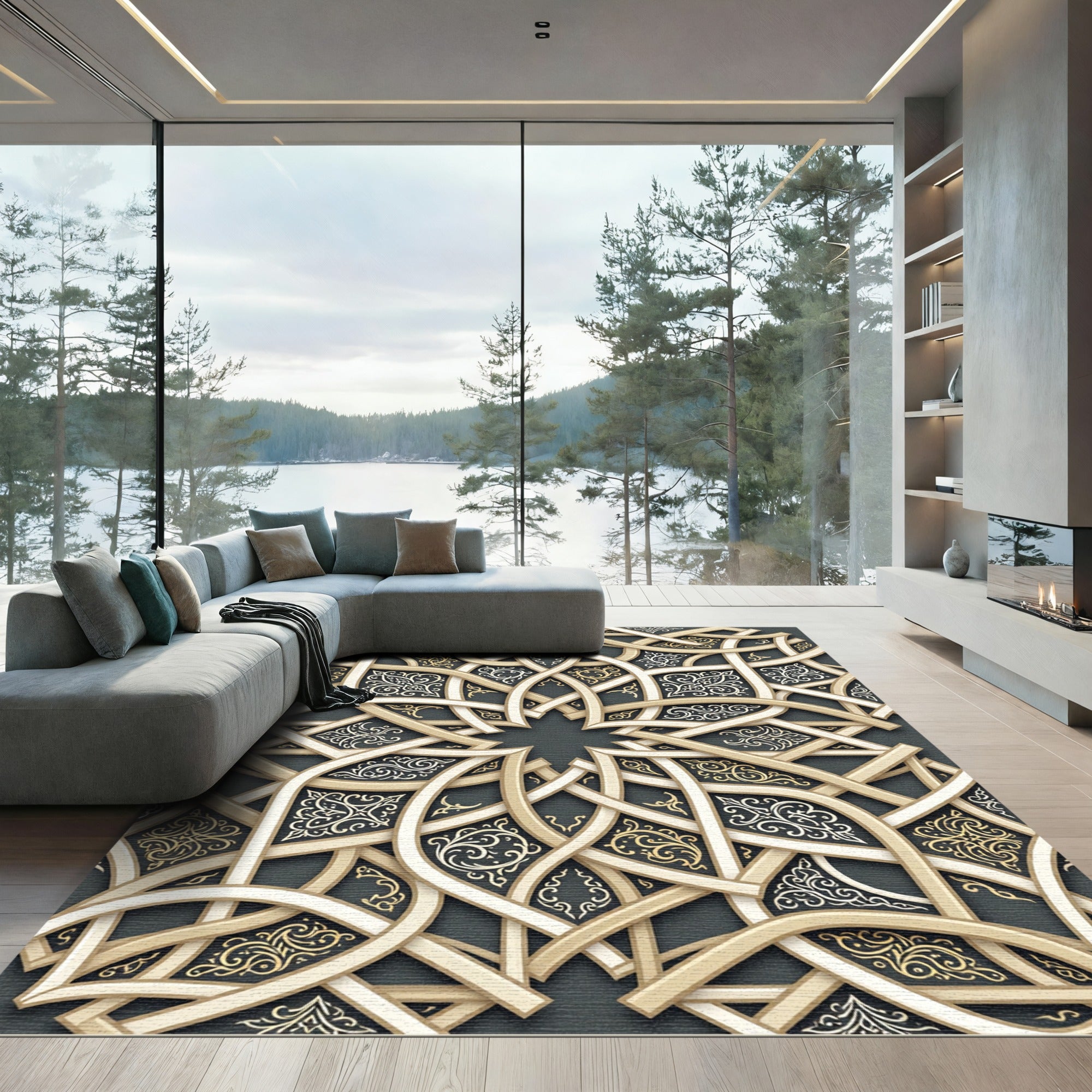 Gold Cream Interlaced Geometric Arabesque Rug