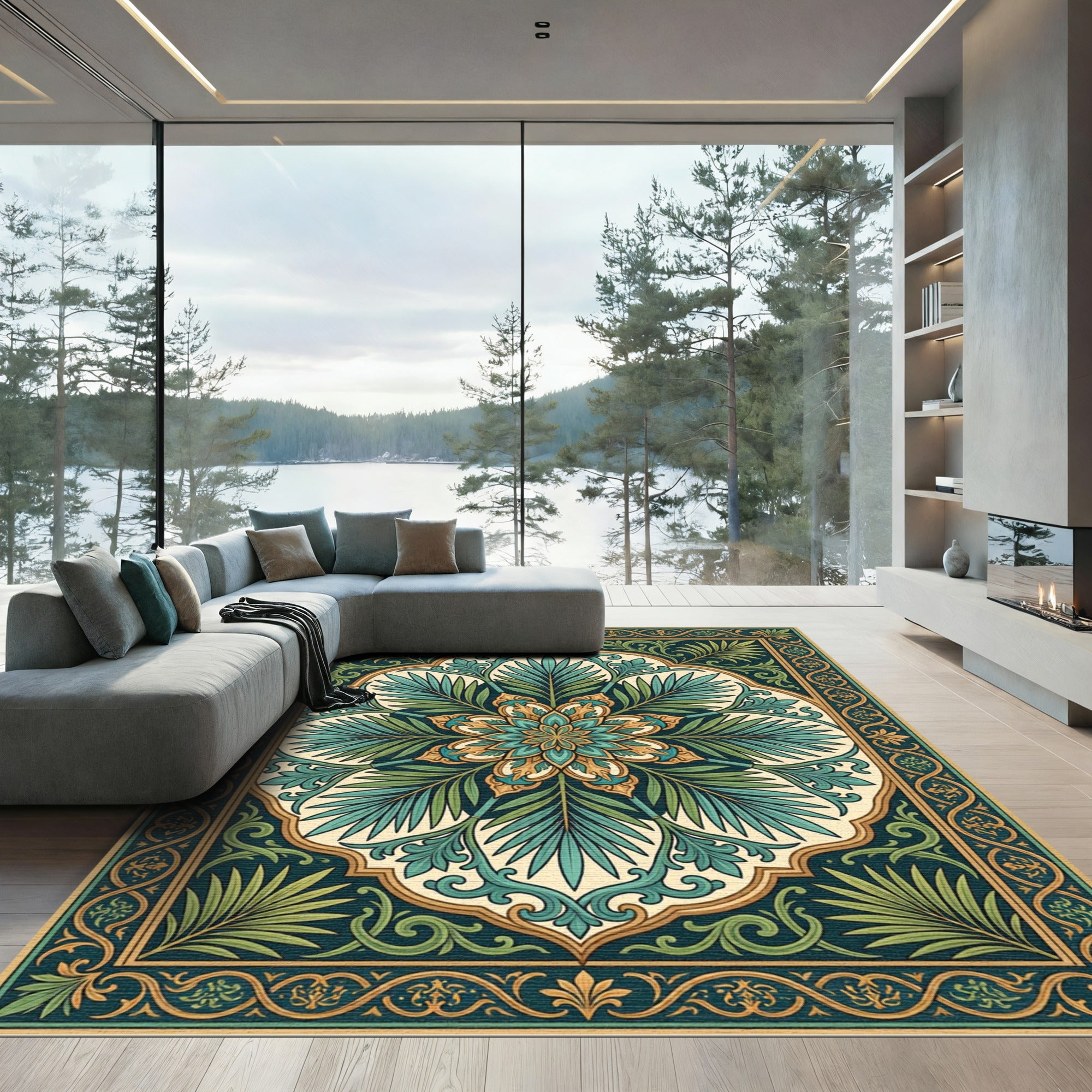 Elegant Emerald Tropical Botanical Medallion Rug
