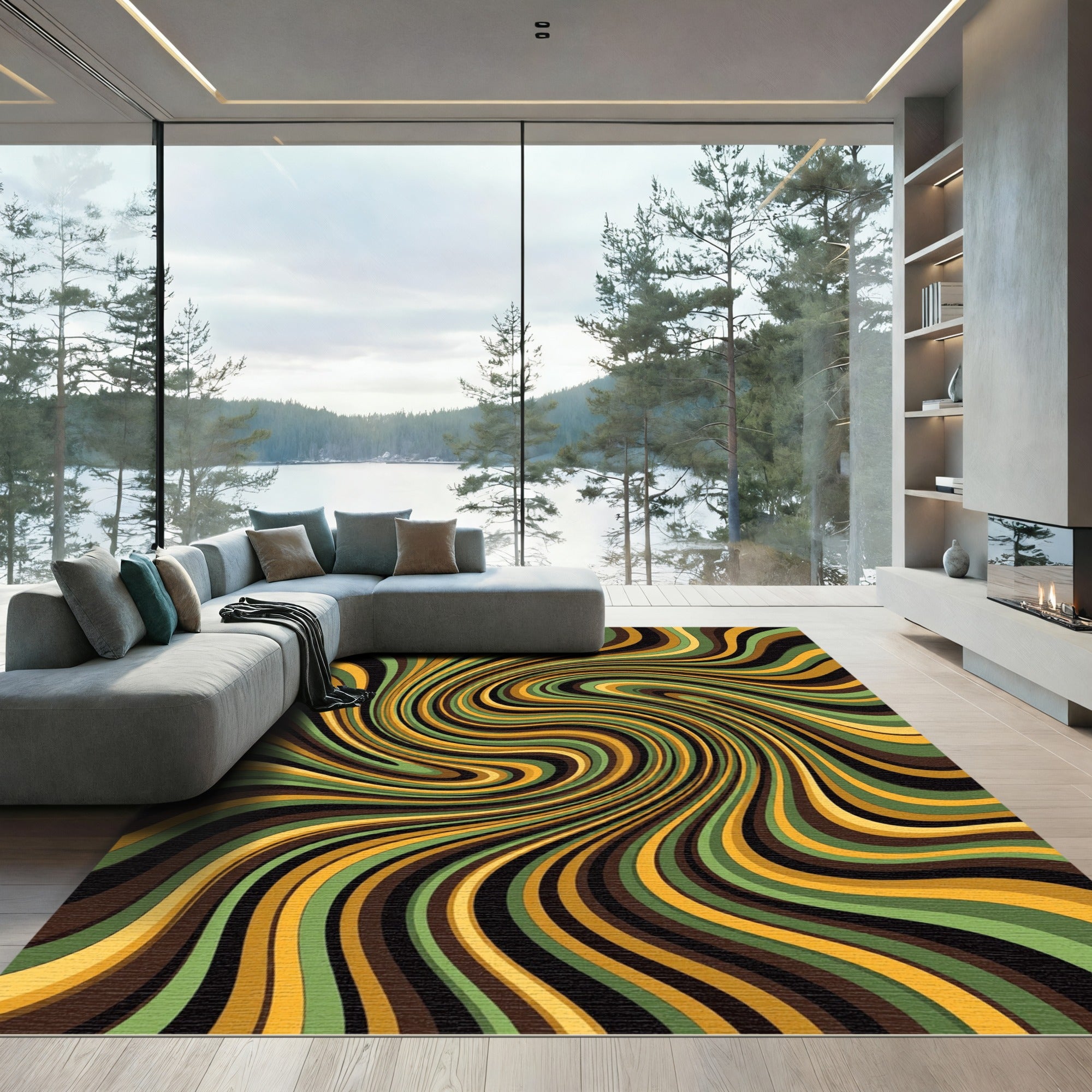 Retro Sage Gold Brown Swirls Rug